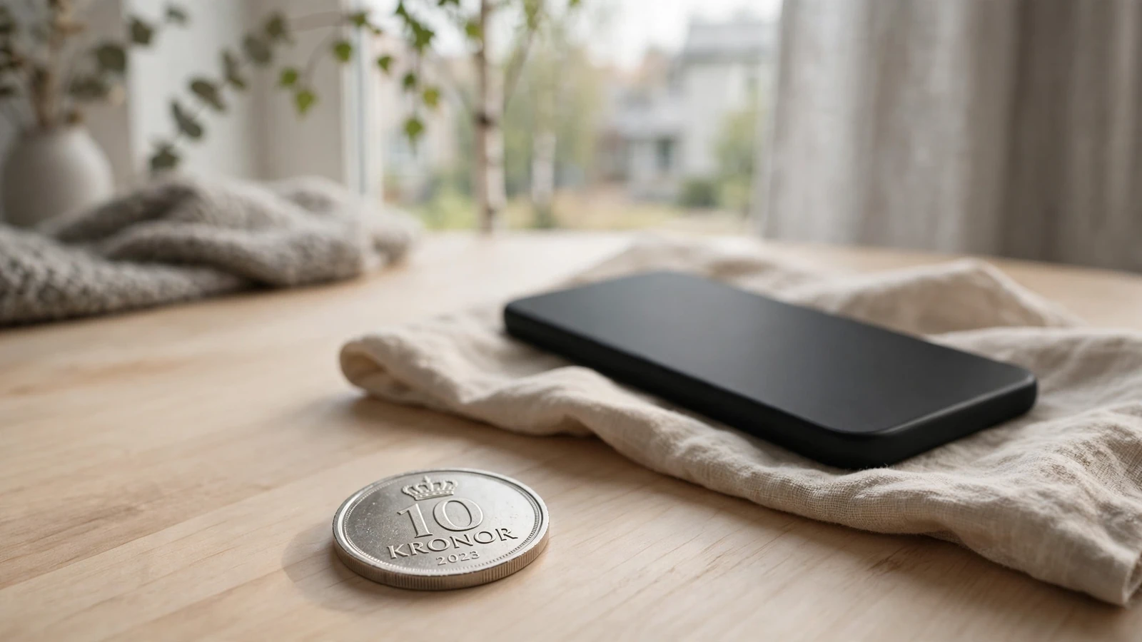 En tio kronors mynt och en avstängd mobiltelefon på ett träbord i en svensk lägenhet.
