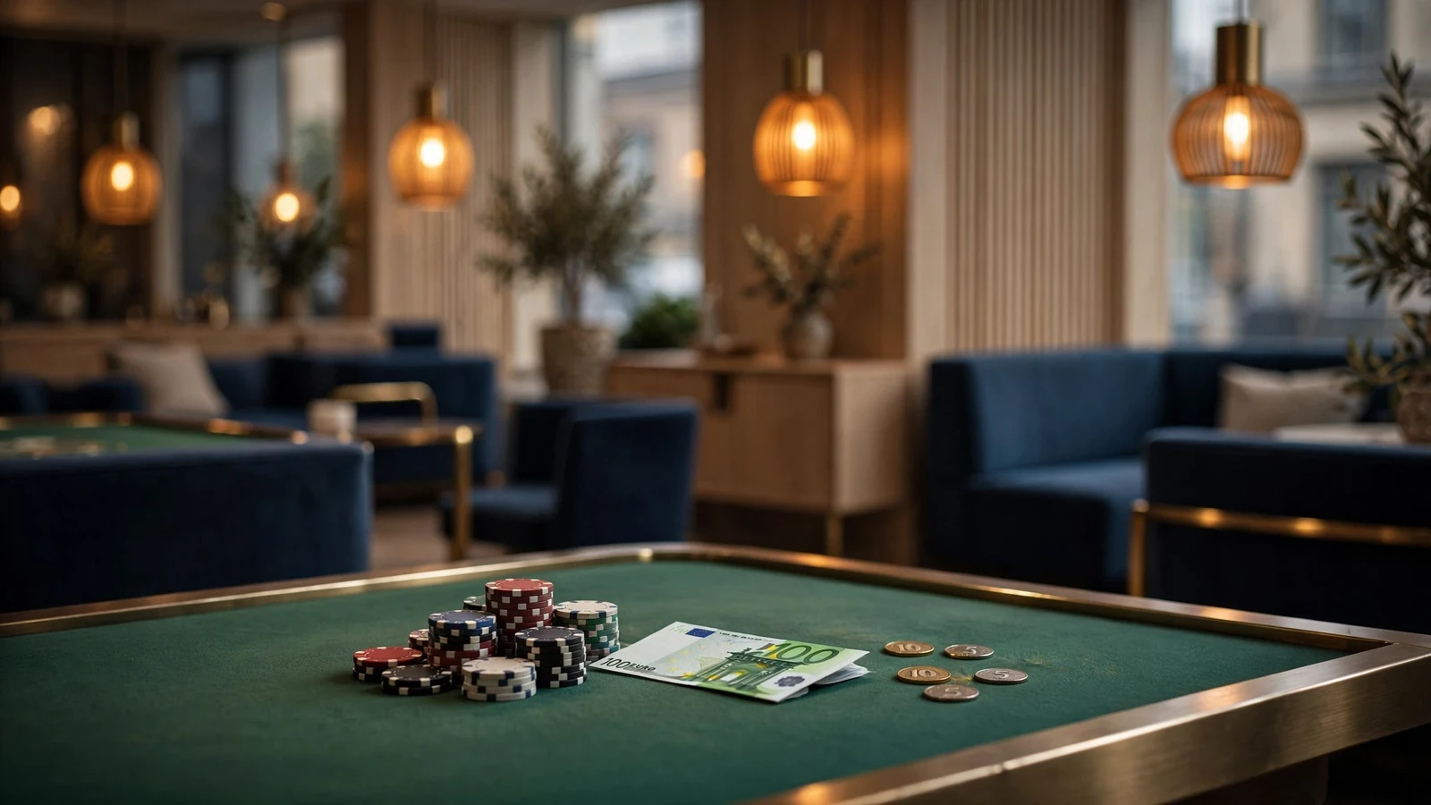 Casinomiljö med spelmarker, hundra-eurosedel och svenska kronor
