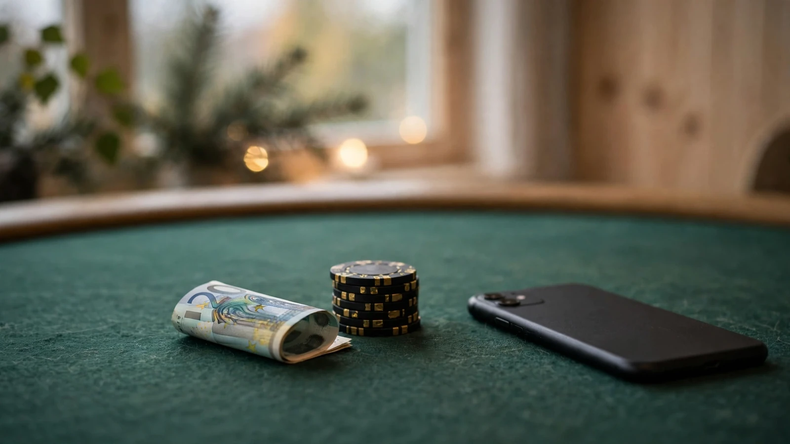 Tjugoeurosedel och casinomarker på filtbord med nedåtvänd telefon
