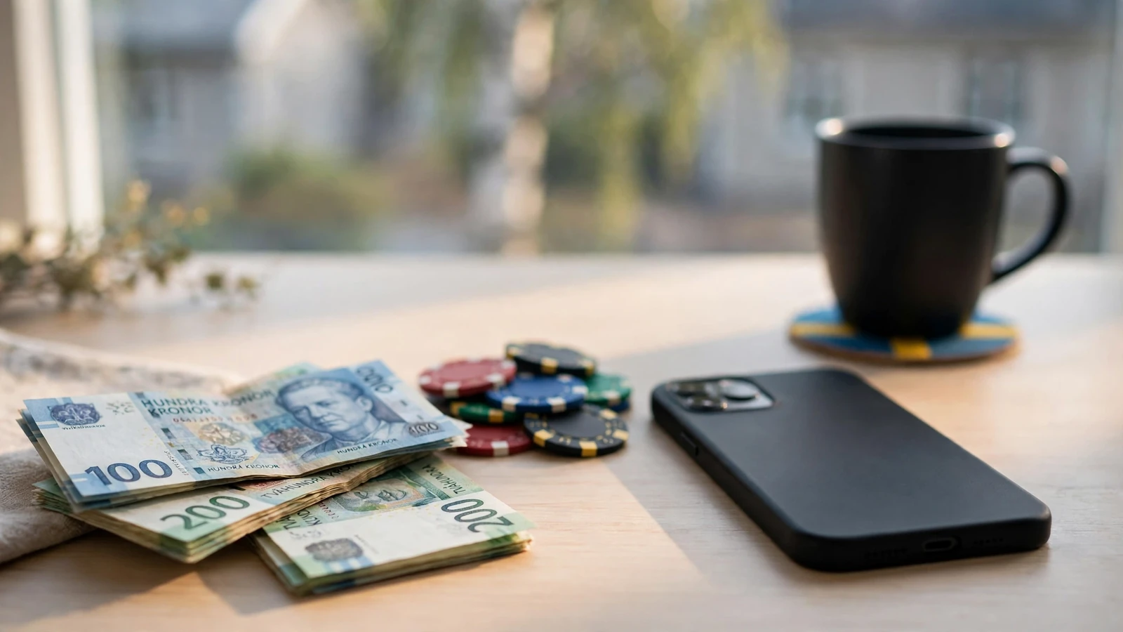 Svenska kronor sedlar och casinomarker vid en vänd smartphone