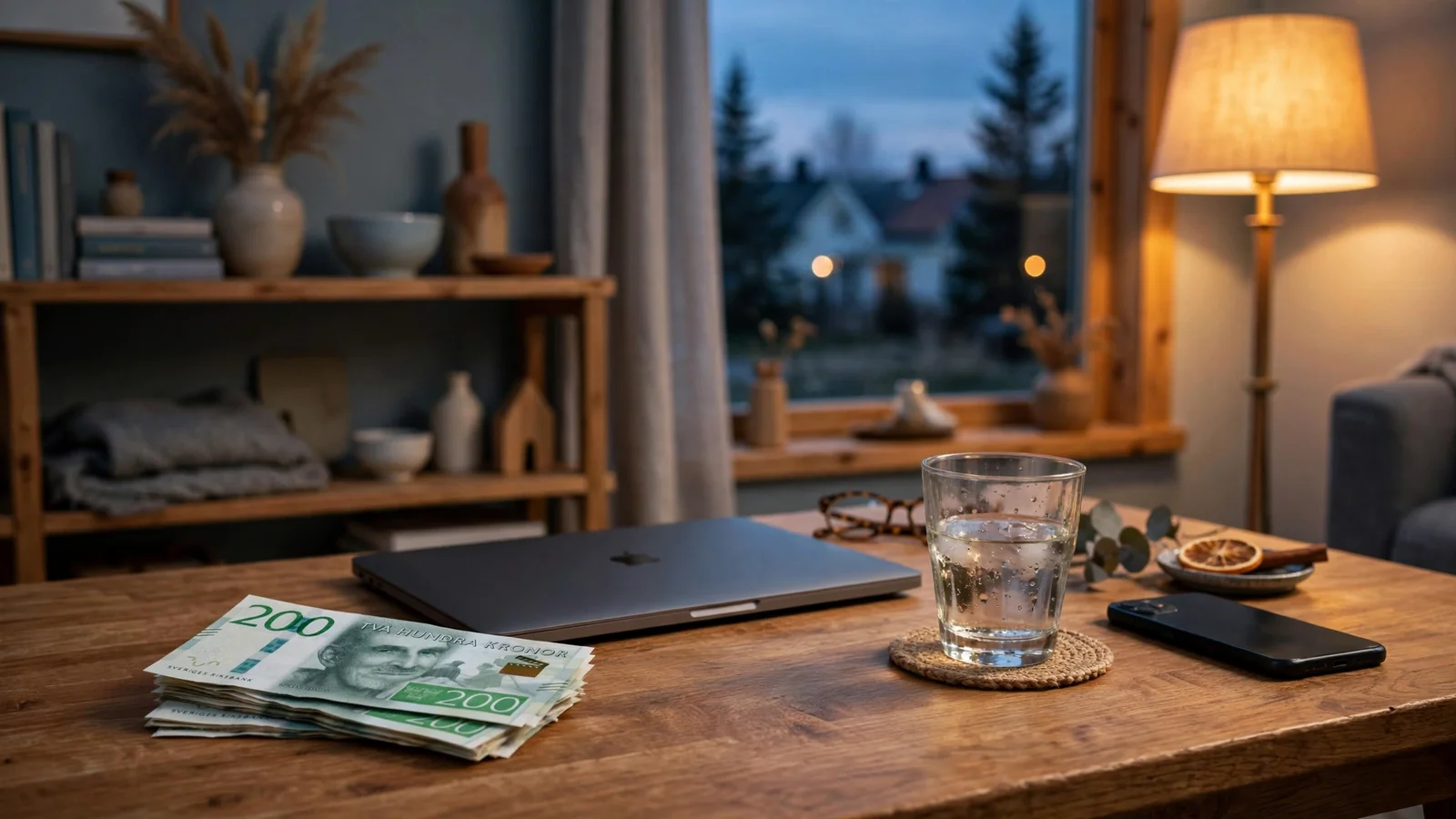 Svensk 200-kronorssedel på soffbord vid en stängd laptop