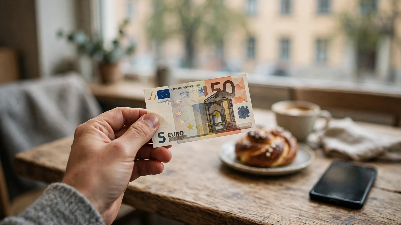 Hand med en fem-eurosedel över ett kafébord i Stockholm