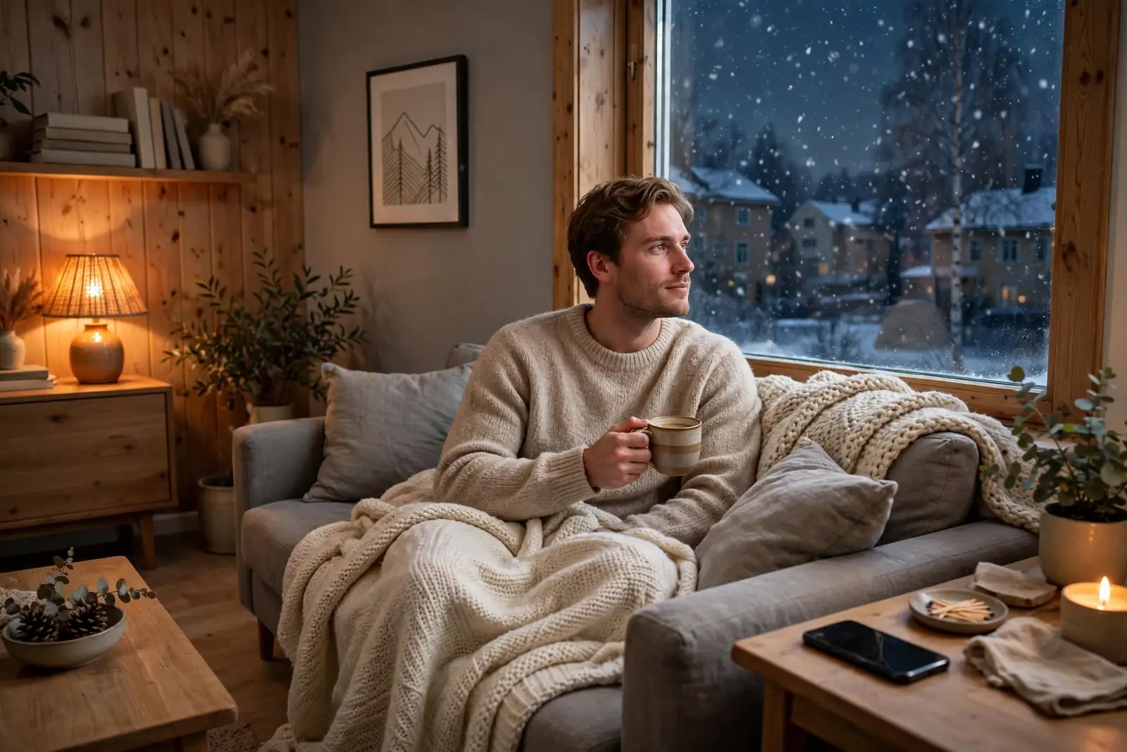 Person i mysig svensk lägenhet med kaffe och smartphone med skärmen nedåt