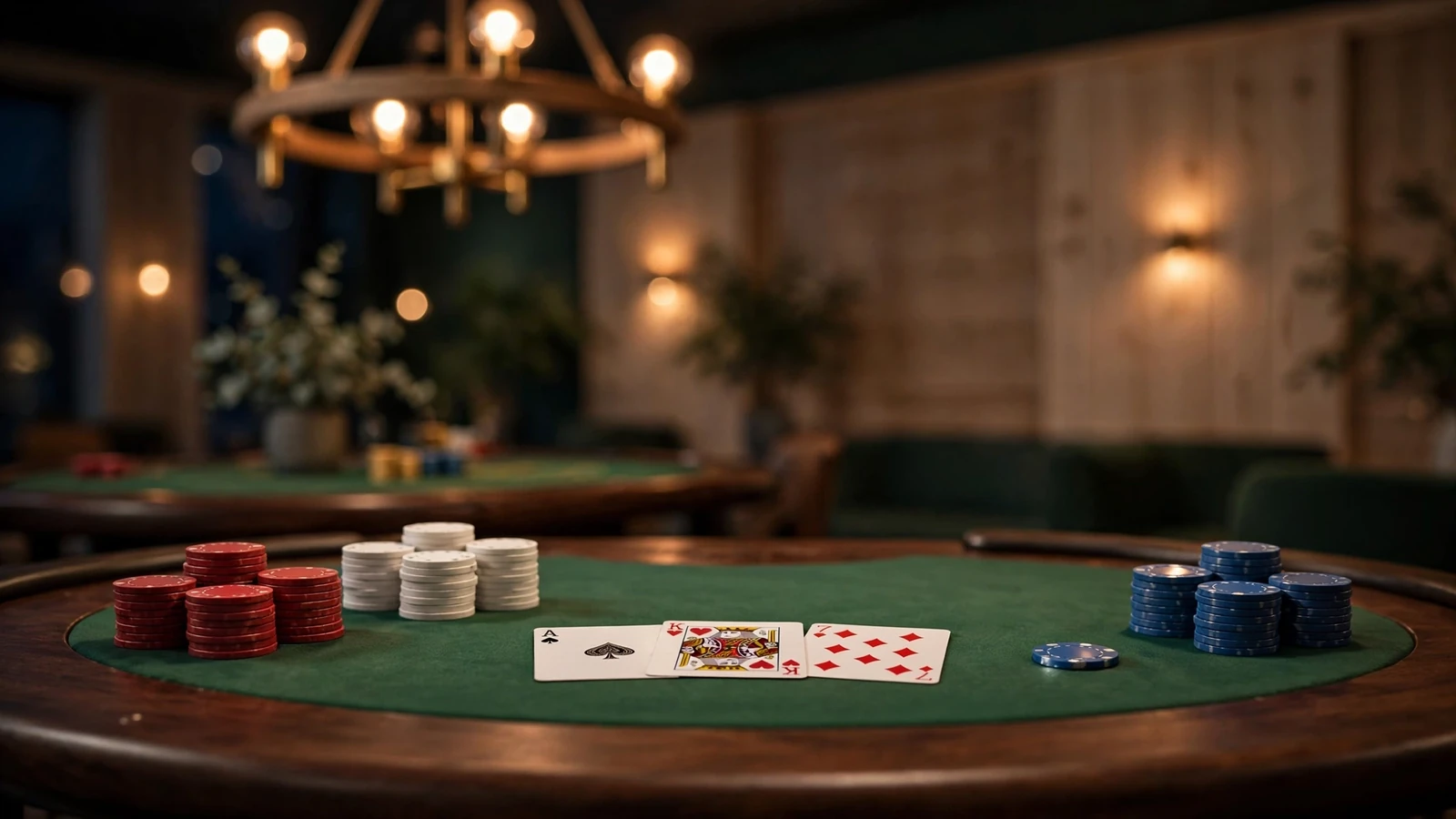 Elegant blackjackbord med marker och kort på ett svenskt casino