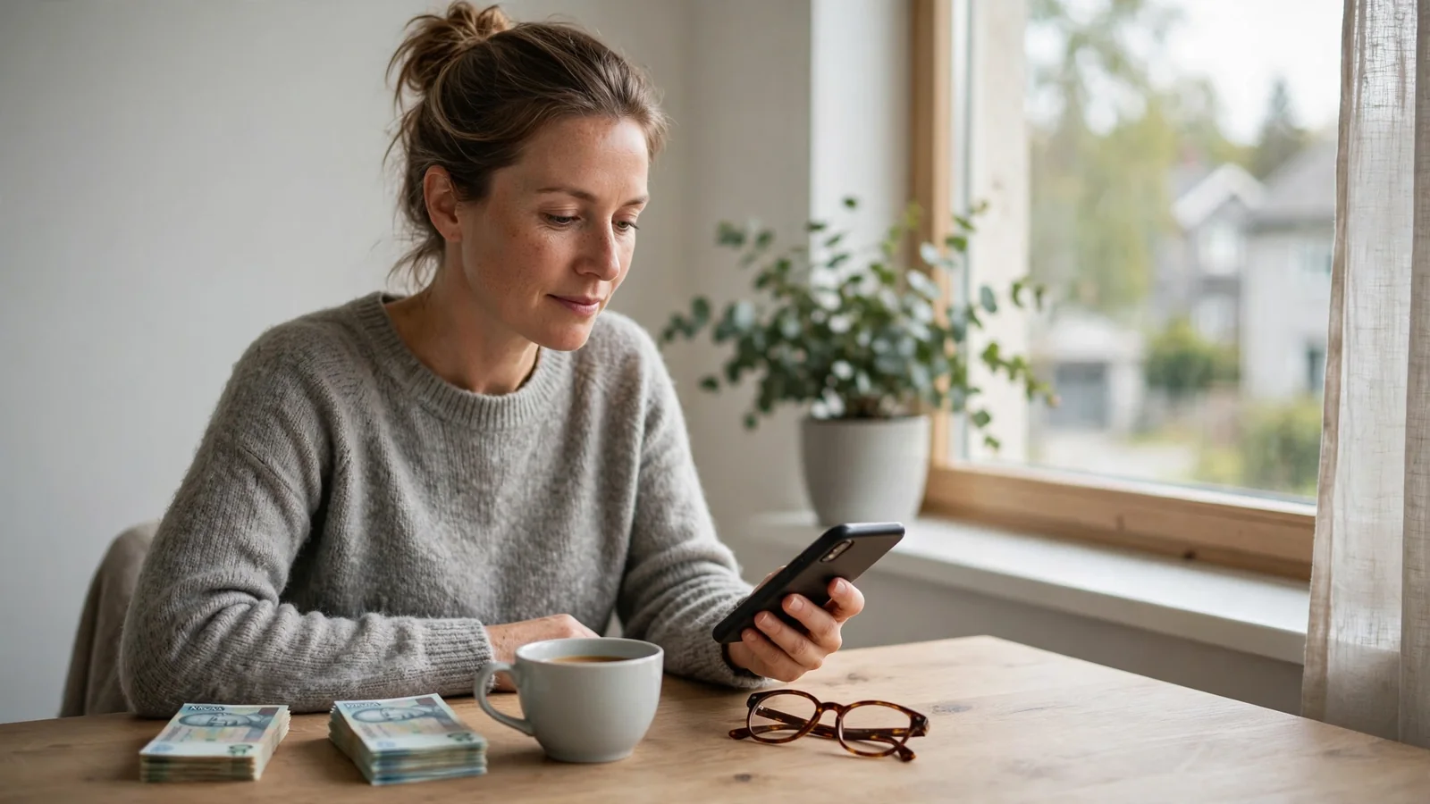 Person vid skrivbord med telefon och svenska sedlar