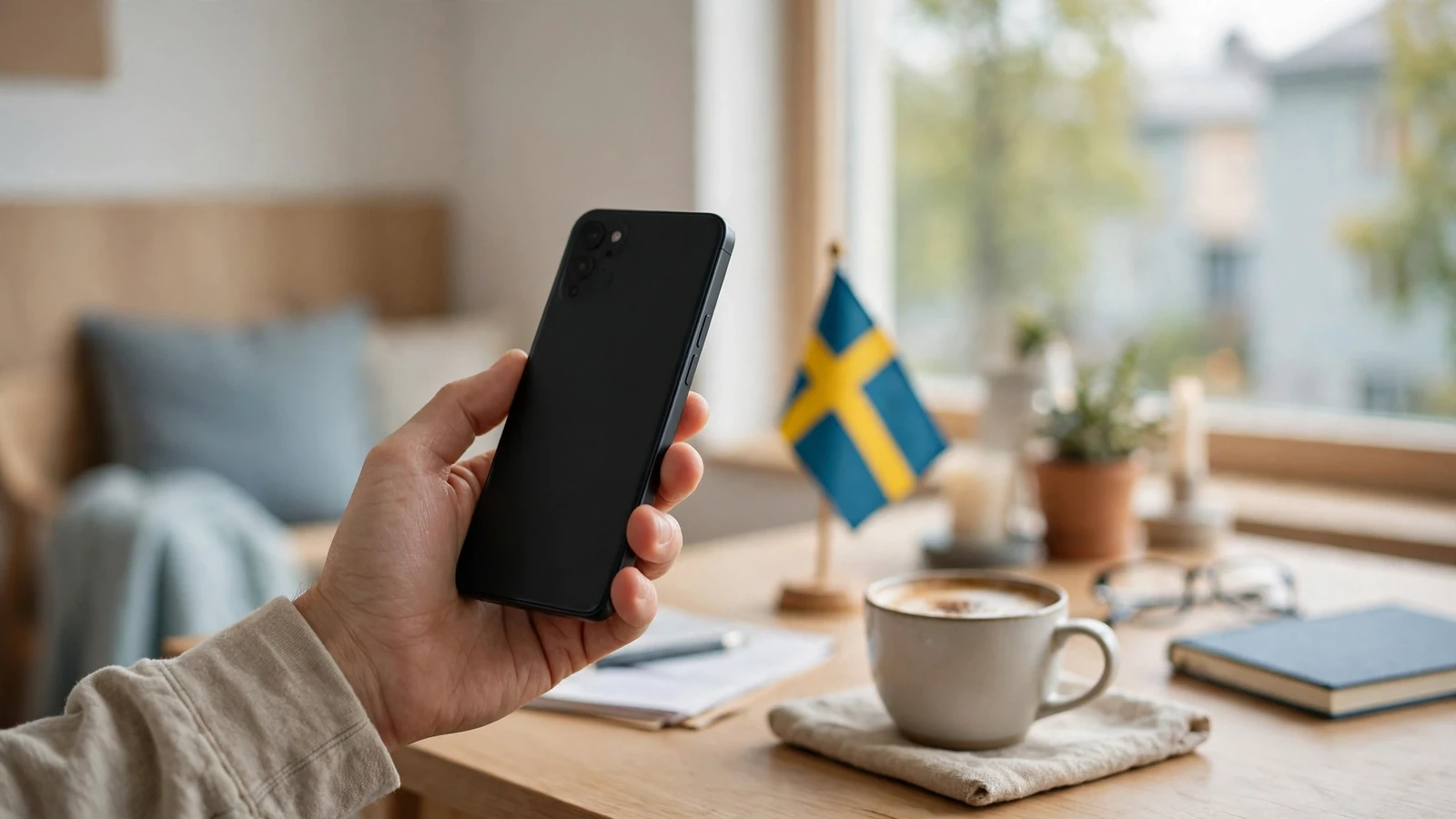 Hand som håller en mobiltelefon i ett ljust skandinaviskt vardagsrum