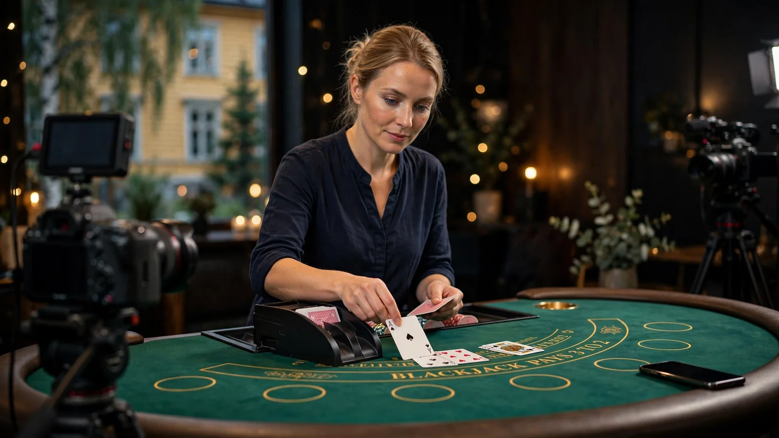 Live dealer i blackjackstudio delar ut kort vid ett grönt bord