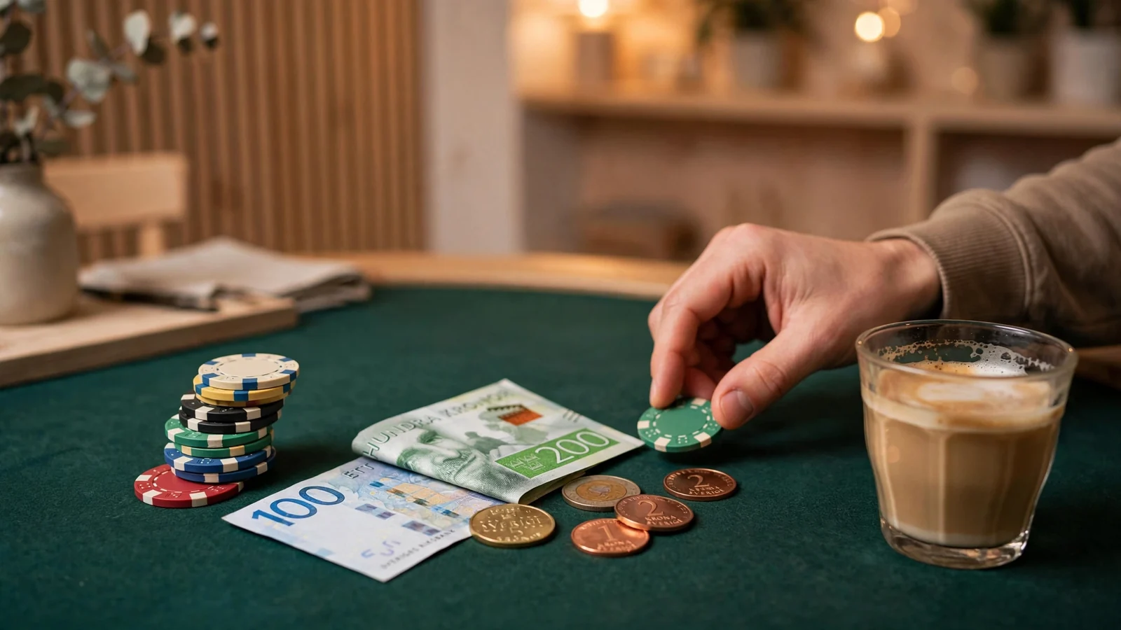 Casinomarker och svenska kronor på ett filtbord, symboliserar cashback