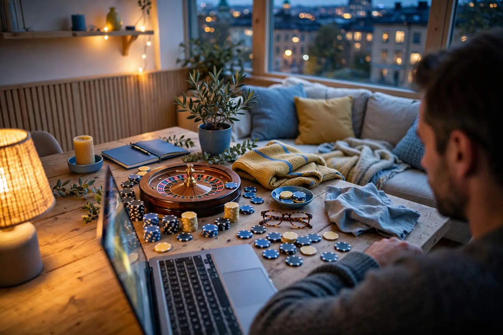 Modern skandinavisk casinomiljö med roulette och marker