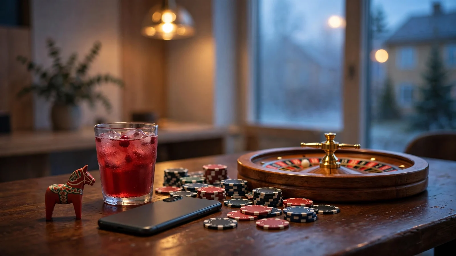 Bordsscen med casinofigurer, roulettehjul och svenska detaljer