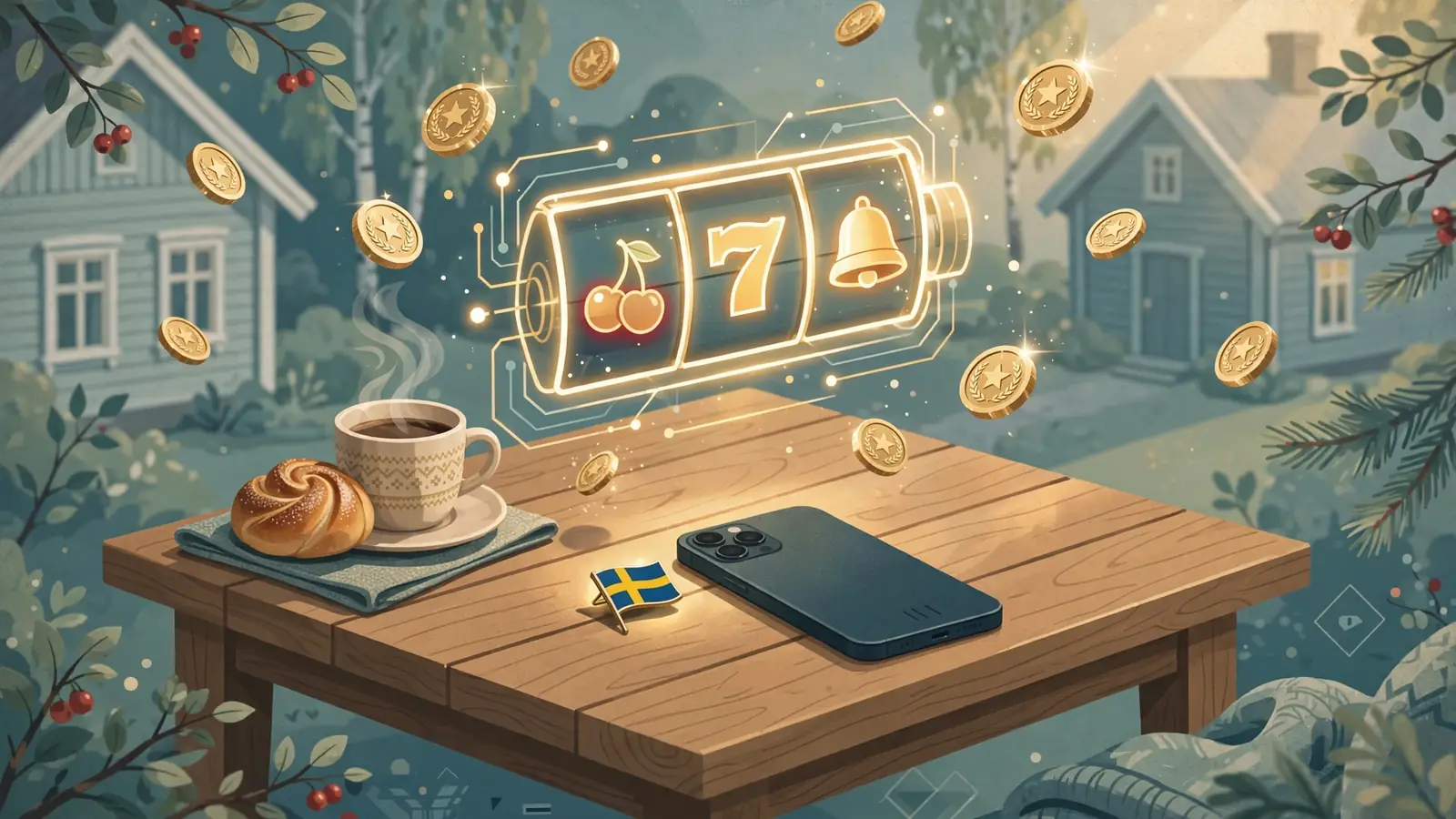 Illustration av en mobiltelefon med snurrsymboler och svensk kaffekopp