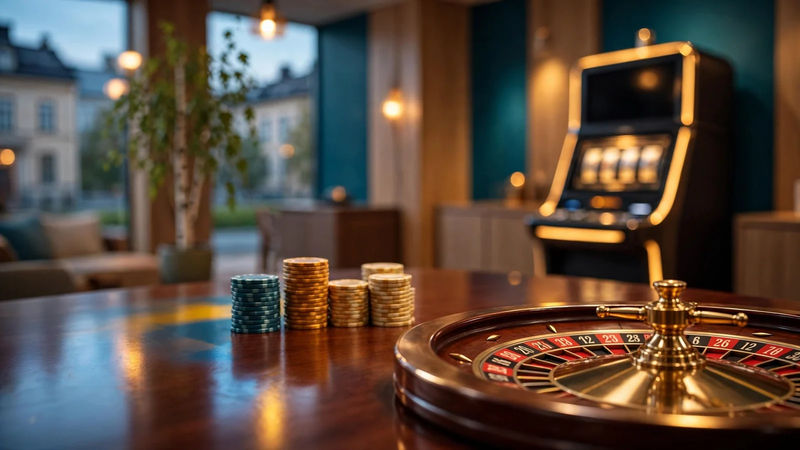 Svensk casinomiljö med marker, roulettehjul och spelautomat i varm belysning.