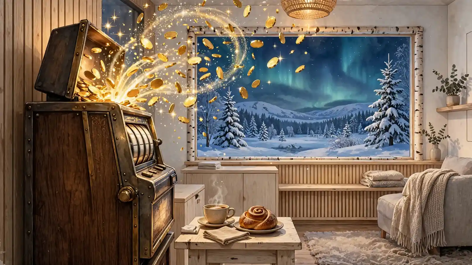 Vintage spelautomat i mysig skandinavisk lounge med glittrande free spins-symboler
