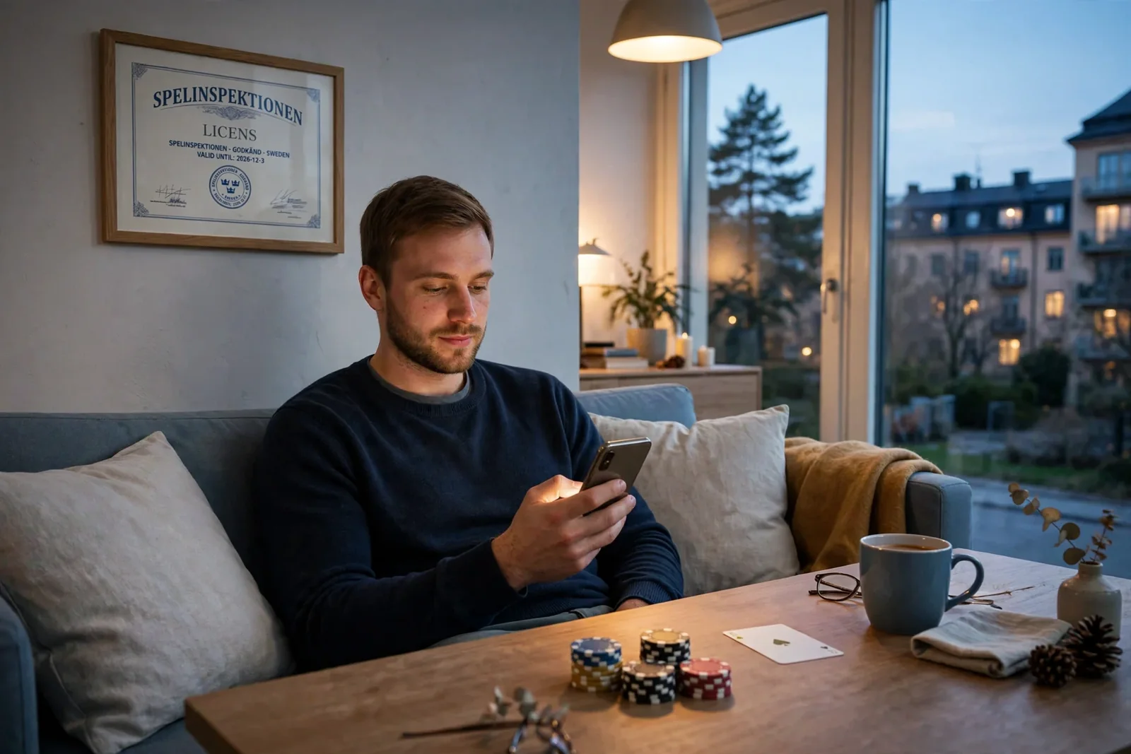 Svensk person med smartphone och casinofigurer i varmt vardagsrum