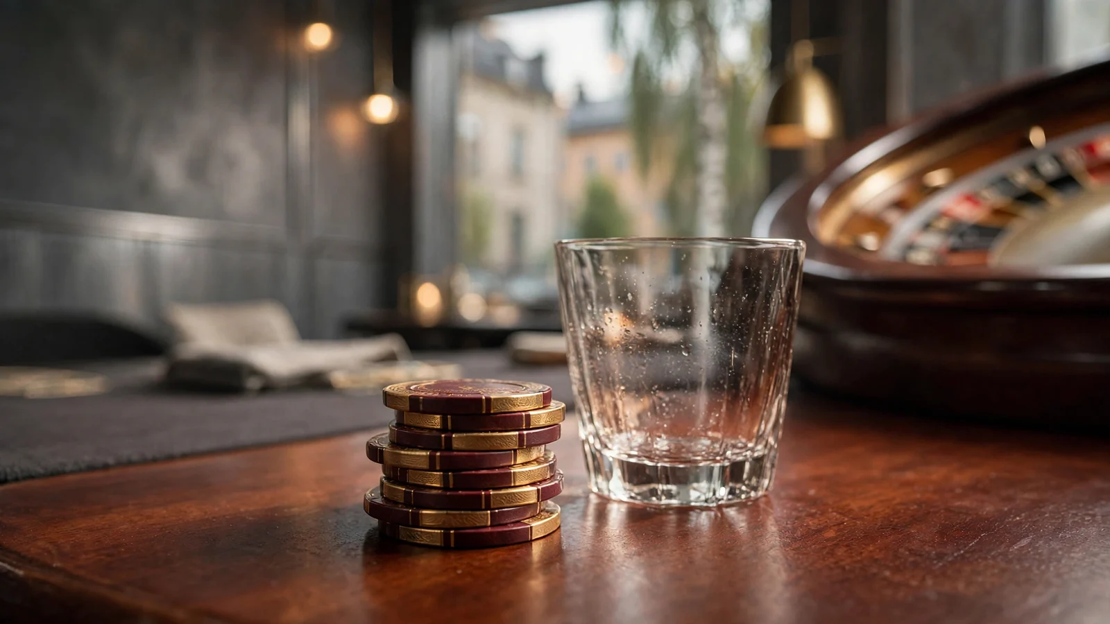 Casinobord med marker och roulette i elegant svensk spelhall