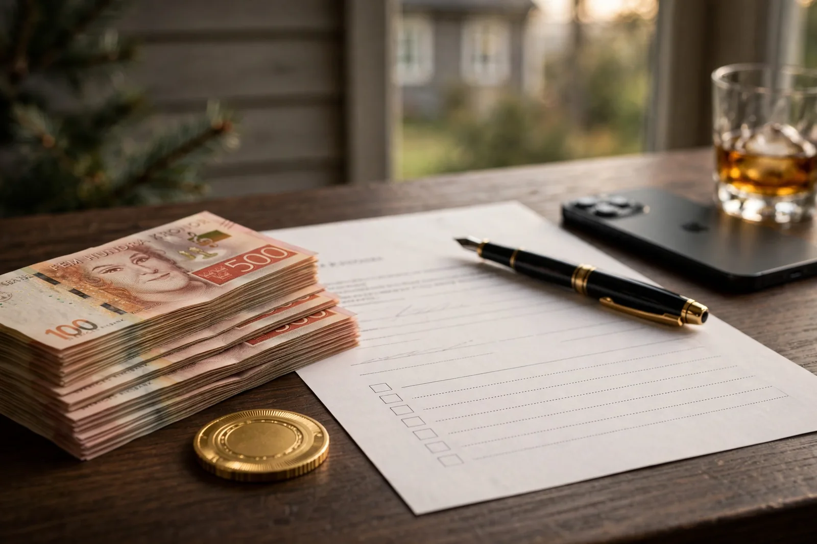 Sedelbunt med svenska kronor, casinotopp och kontrakt på skrivbord