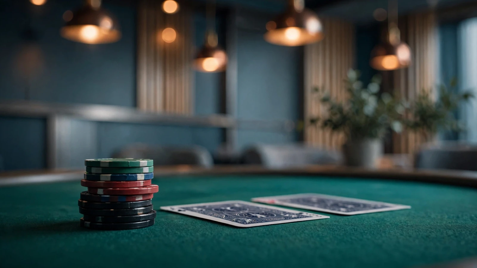 Svartjackbord med marker och kort på grönt filtlyx i en modern svensk casinolokal