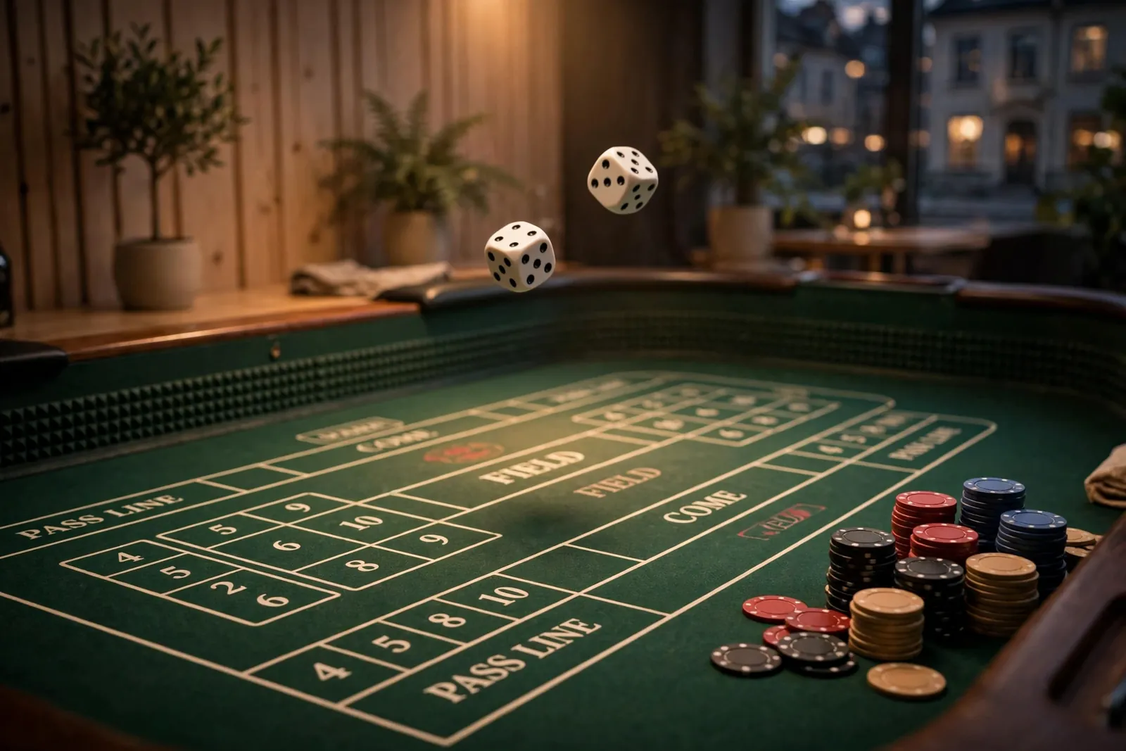 Två tärningar i kast över ett crapsbord med marker i svensk casinomiljö