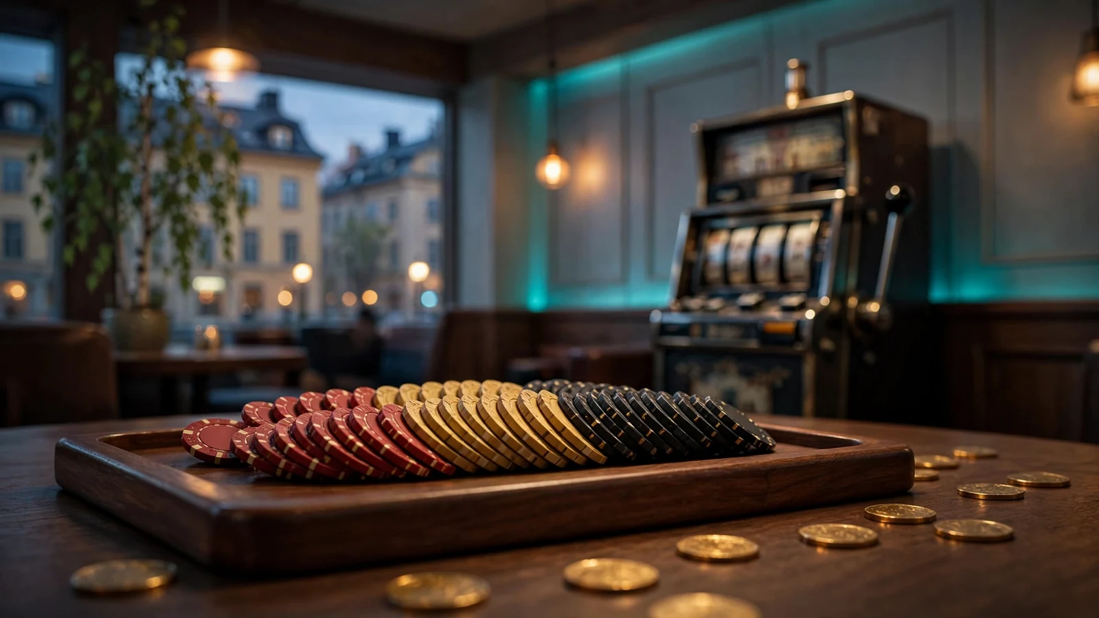 Casinomiljö med marker och mynt framför en spelautomat i varm belysning