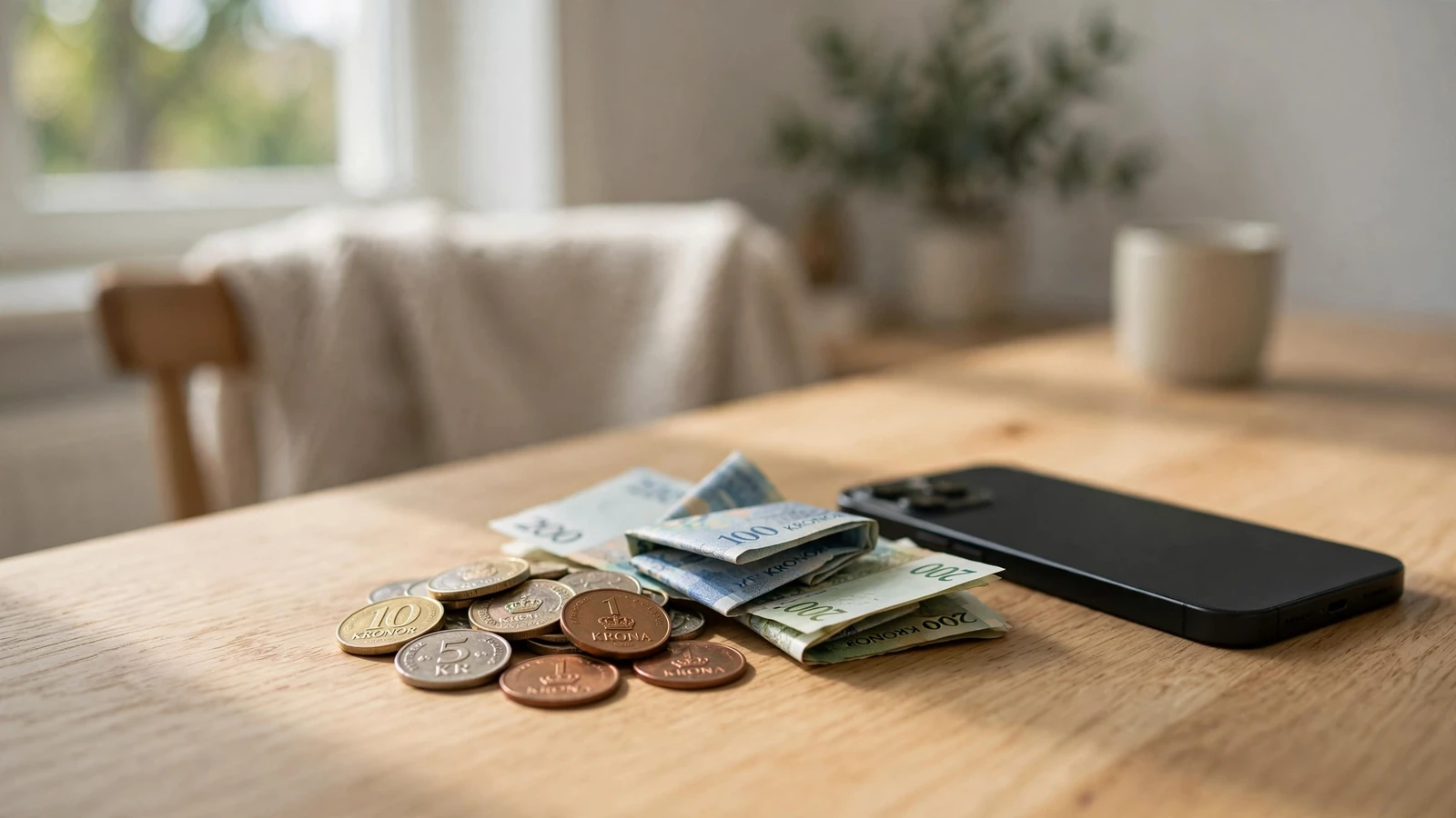 Liten hög svenska kronor och sedlar på bord bredvid en avstängd telefon i svenskt vardagsrum