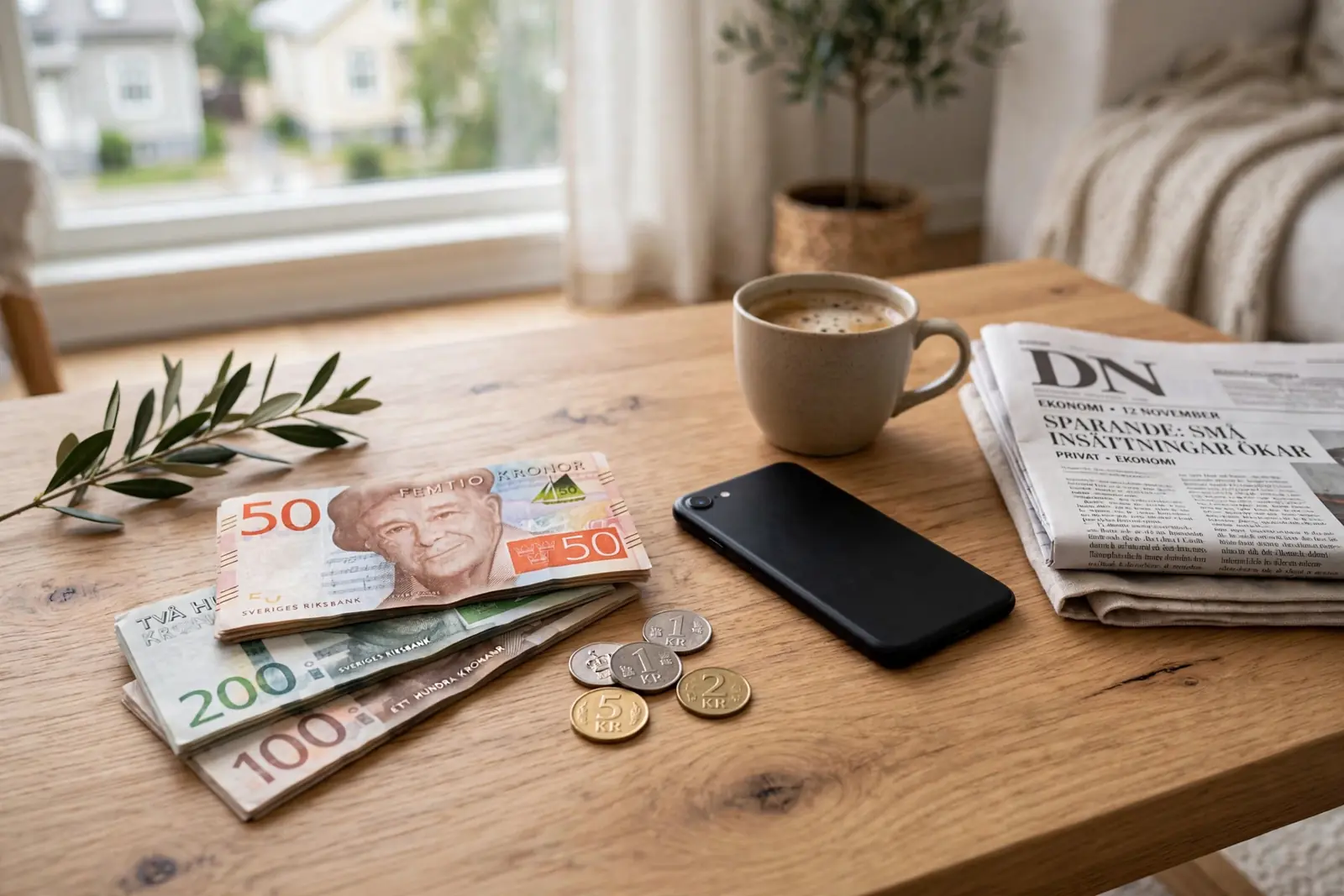 Svenska kronor sedlar och mynt på ett soffbord i en modern svensk lägenhet