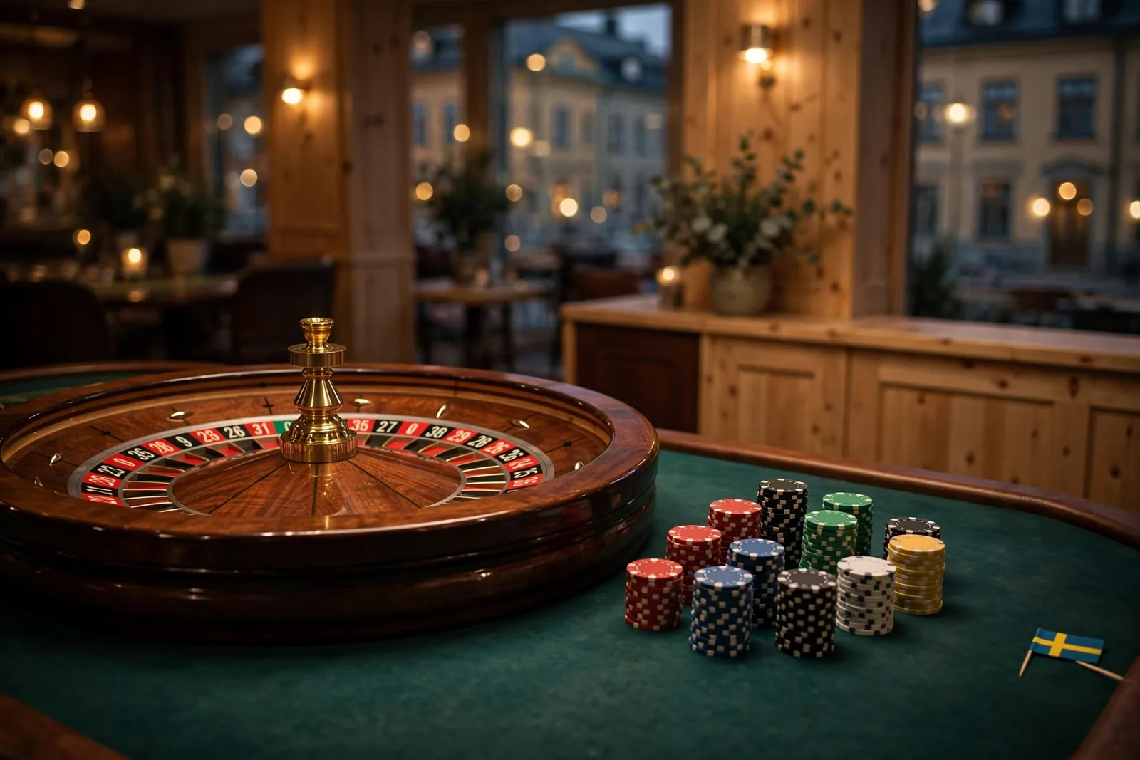 Roulettbord med hjul och marker i ett svenskt casinoklimat