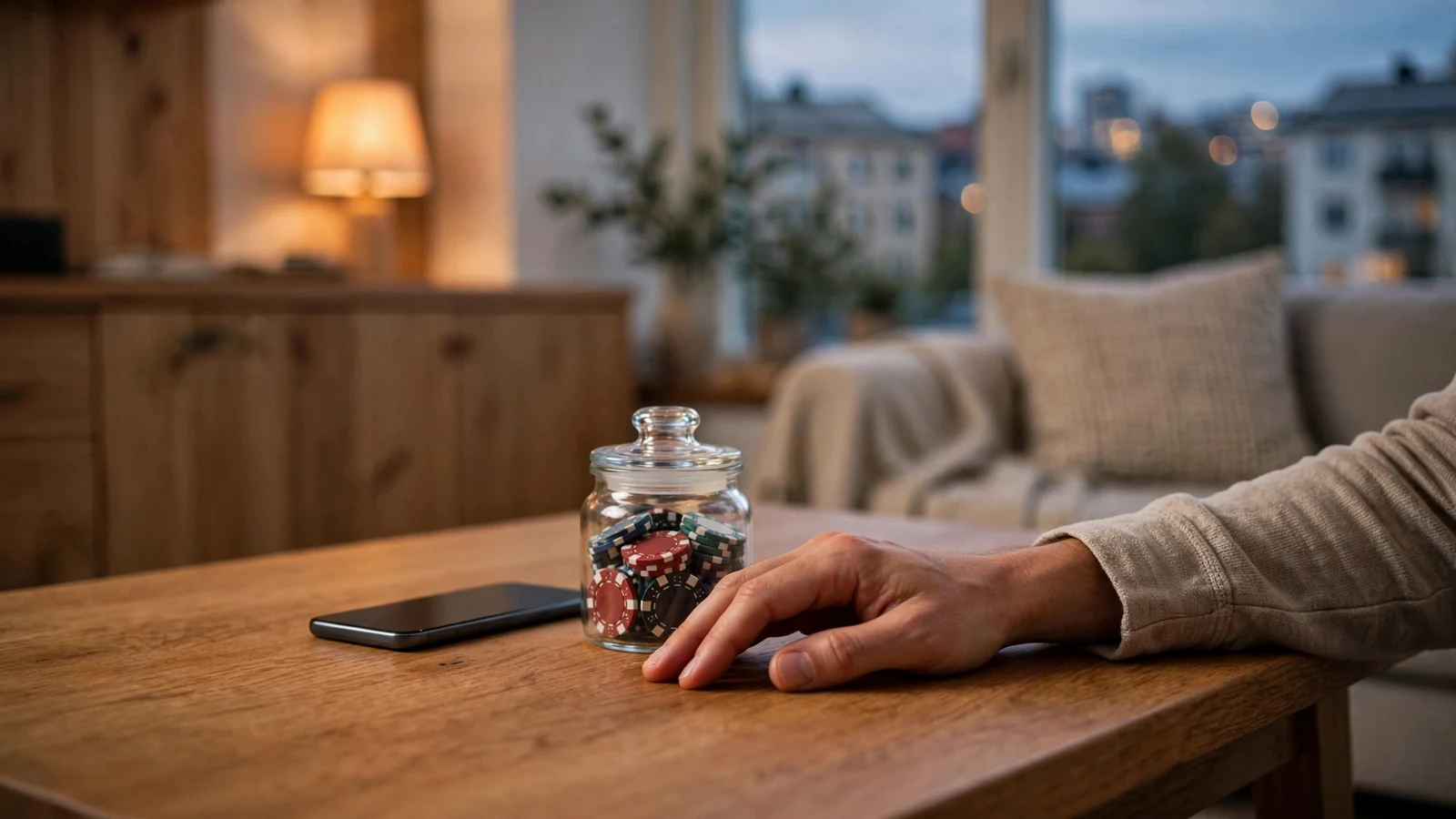 Modernt svenskt vardagsrum med casinomy nt och avslappnad stämning