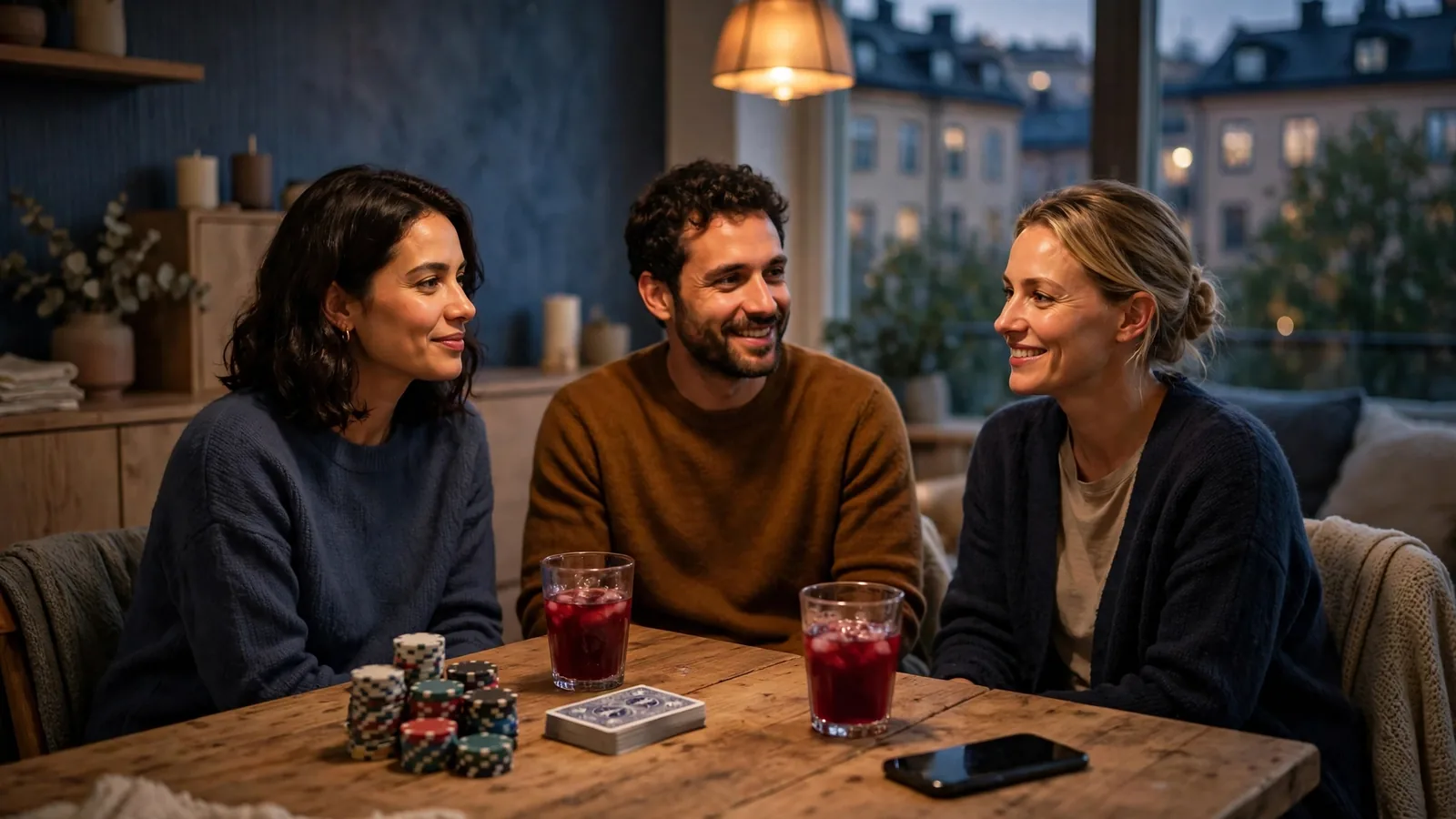 Vänner runt ett bord med casinofigurer och stängd mobiltelefon i svensk lägenhet