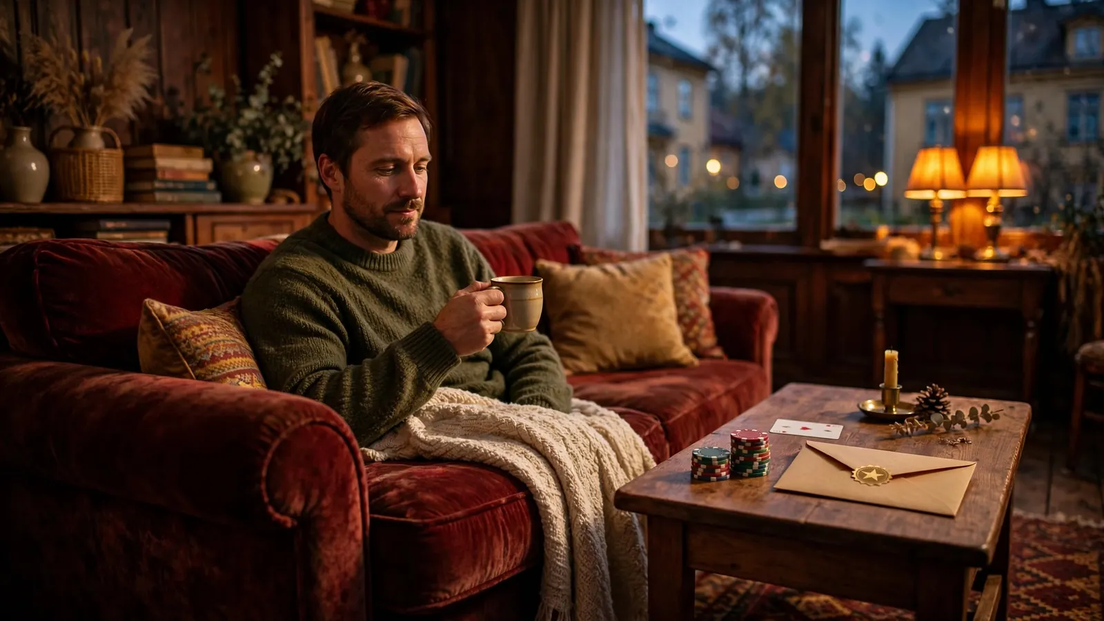 Klassiskt vardagsrum med casinotema och fikapaus