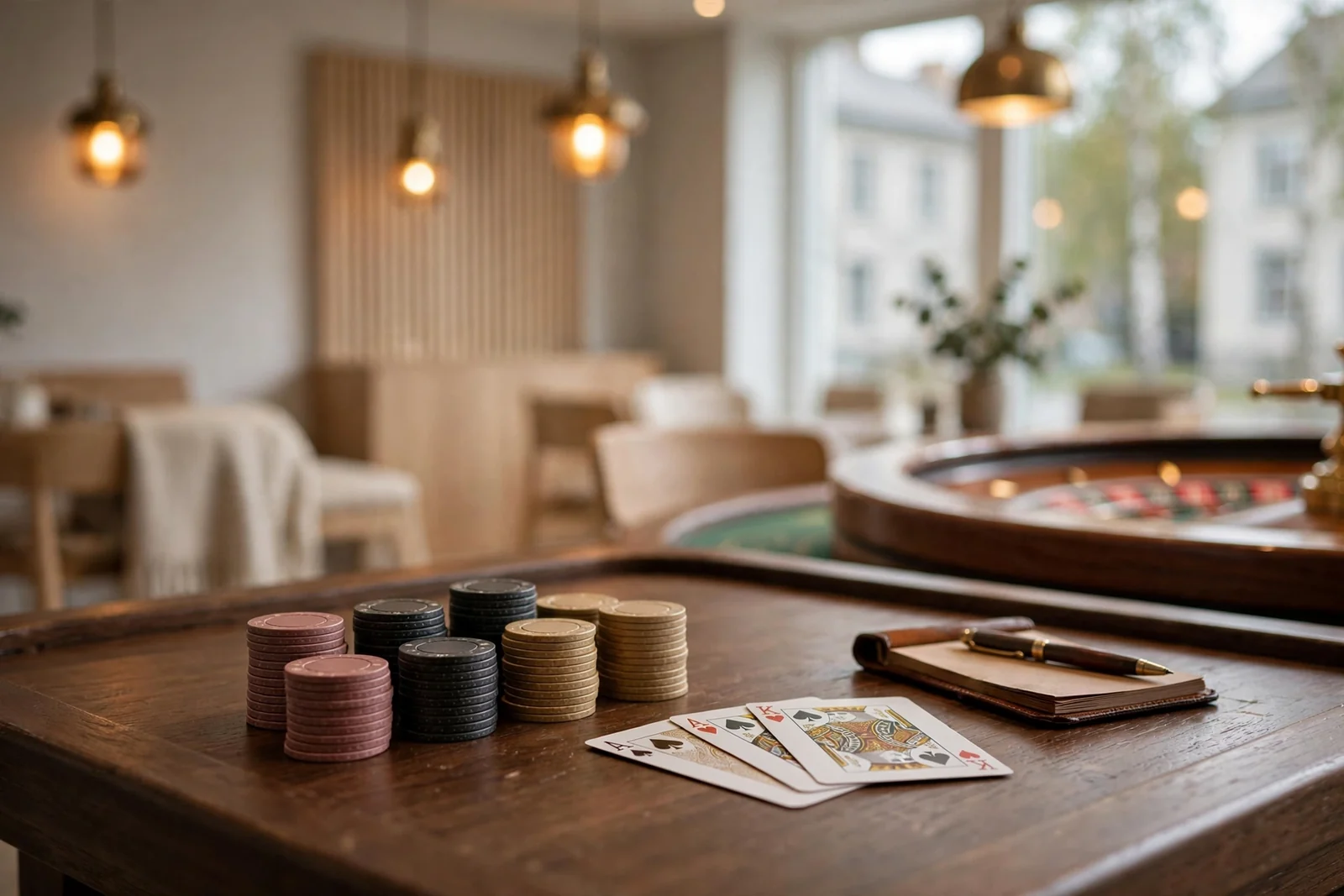 Elegant casinobord med marker och spelkort i varm belysning
