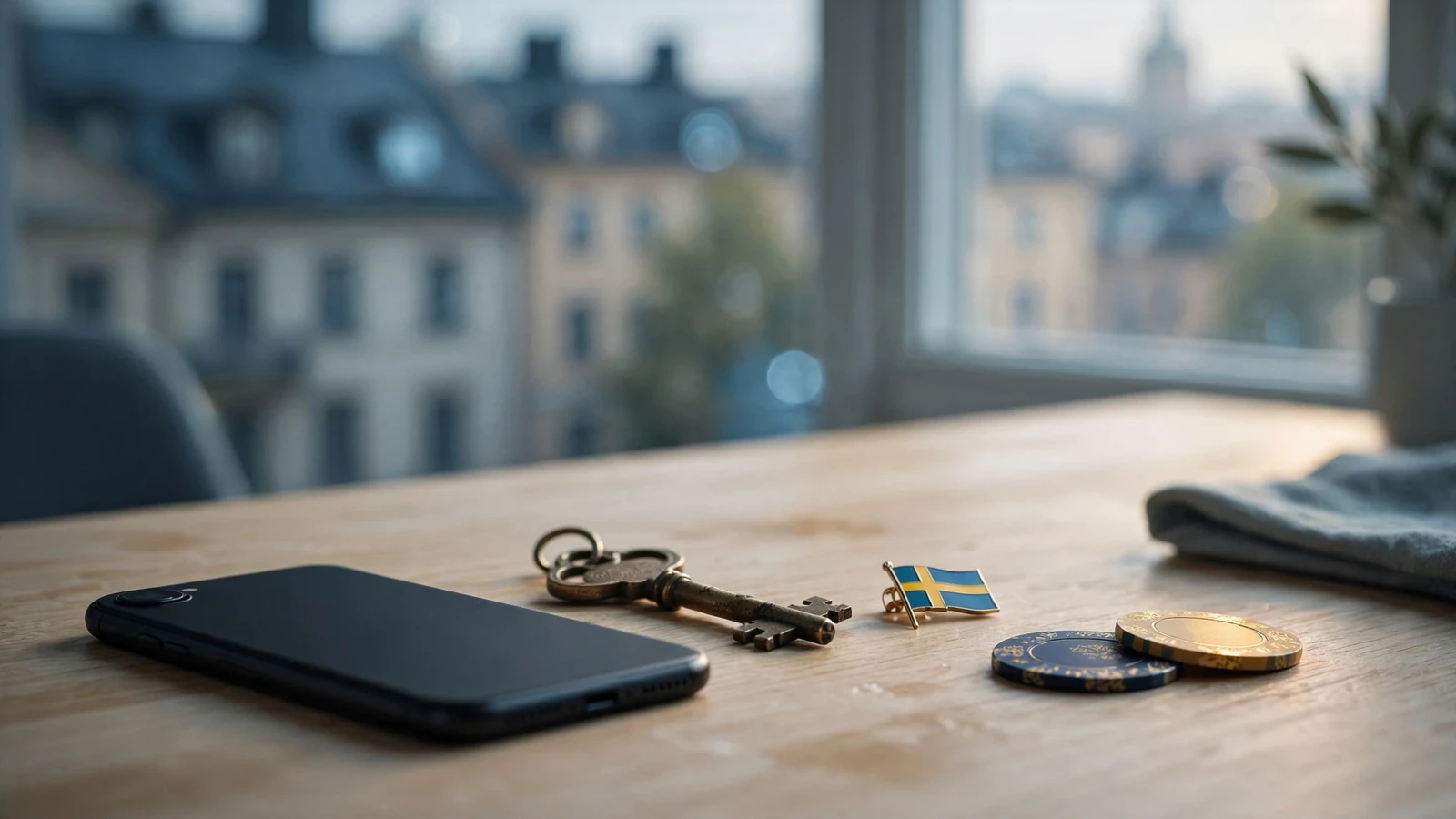 Smartphone med nyckel och casinofigurer på svenskt bord