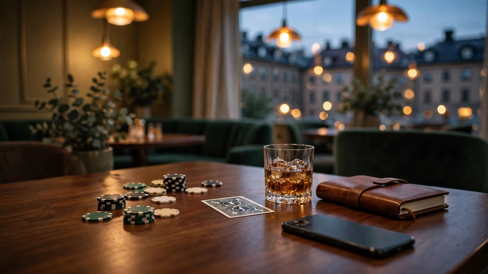 Stilfullt casinobord med marker, ett whiskyglas och ett nedlagt kort i varm belysning
