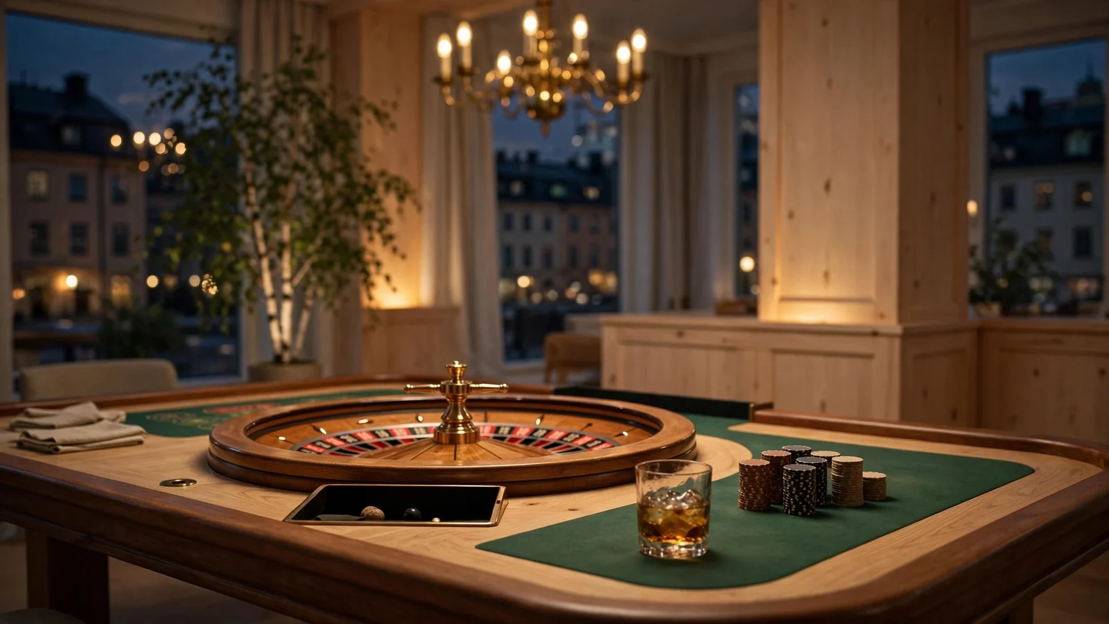 Elegant casinohall med roulettebord och marker i varm belysning