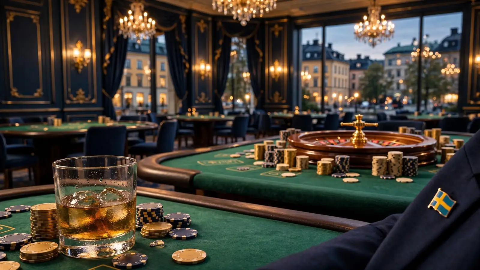 Elegant europeisk casinomiljö med roulettebord och jetonger i gyllene belysning