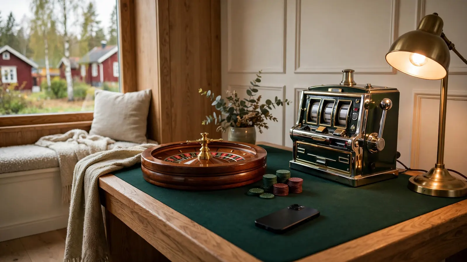 Skandinaviskt inrett hörnbord med roulettehjul, marker och en gammal spelautomat