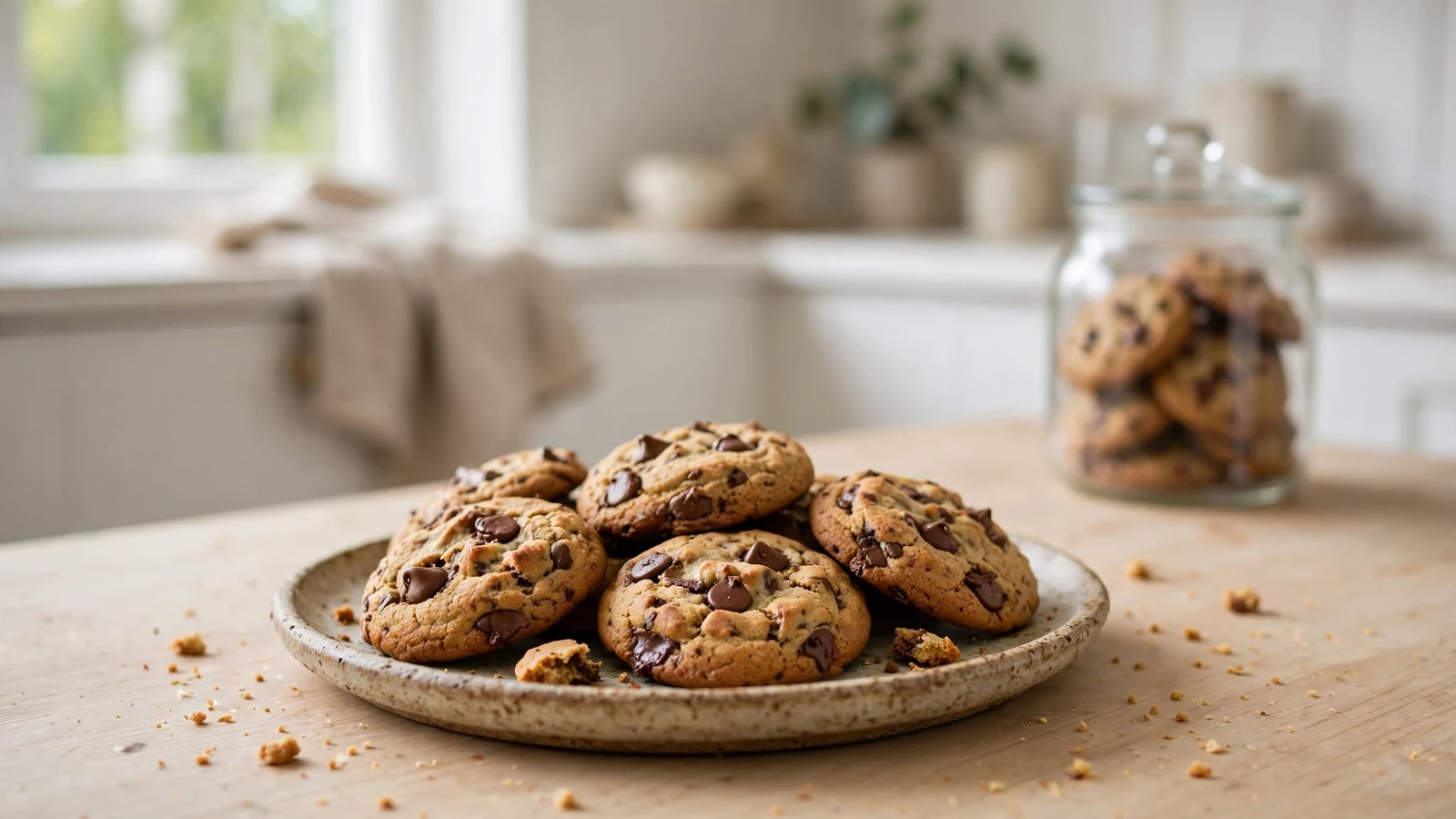 Nybakade chokladkakor på en keramiktallrik i ett ljust skandinaviskt kök.