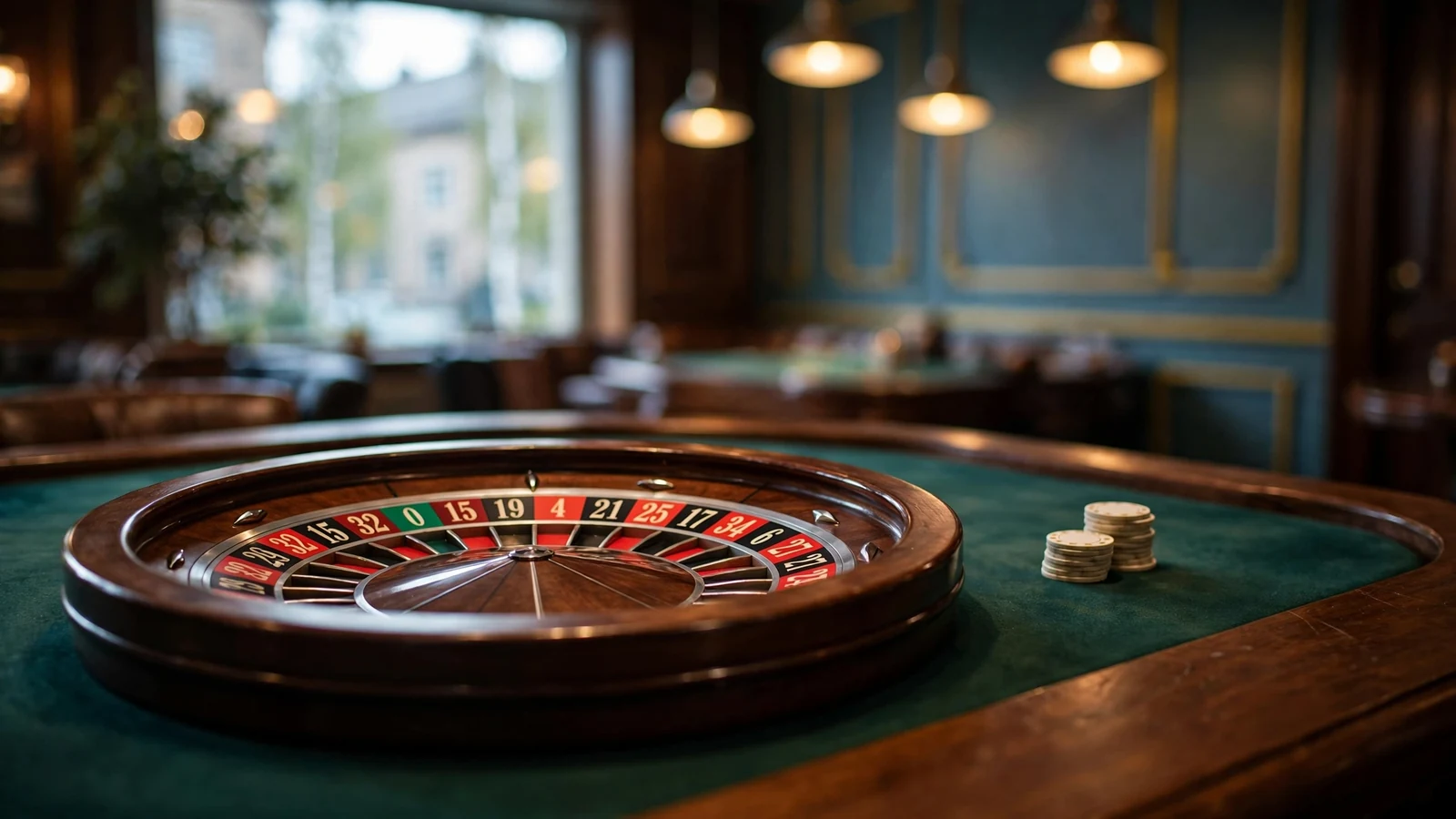 Elegant roulettebord i ett modernt casinorum med klassisk hjul och marker