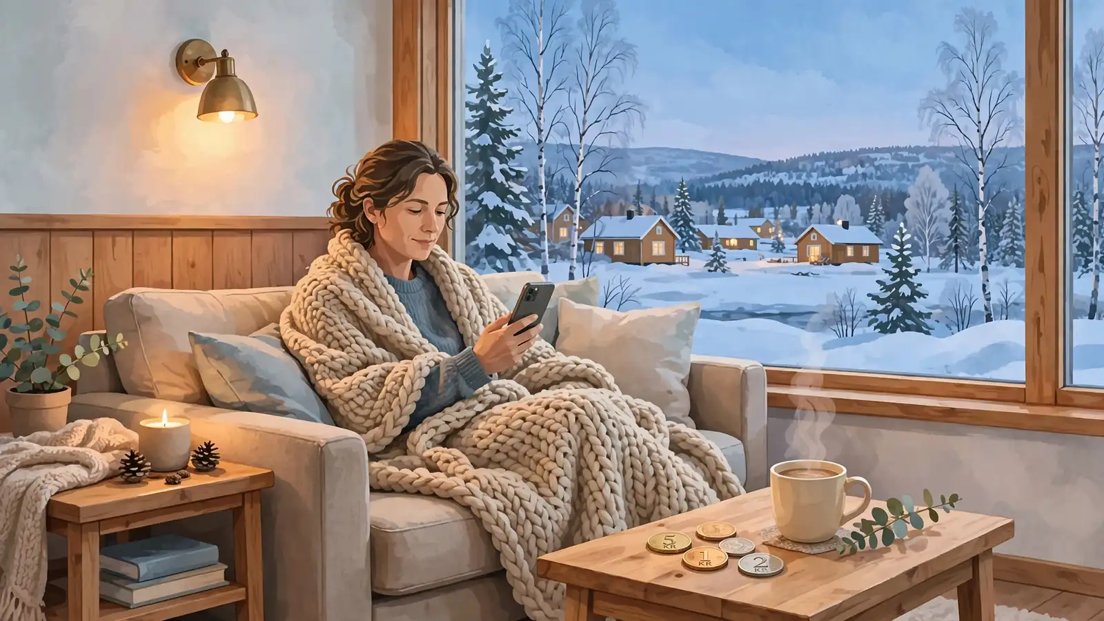 Person i svensk hemmyshörna med mobiltelefon och kaffekopp vid snötäckt fönster