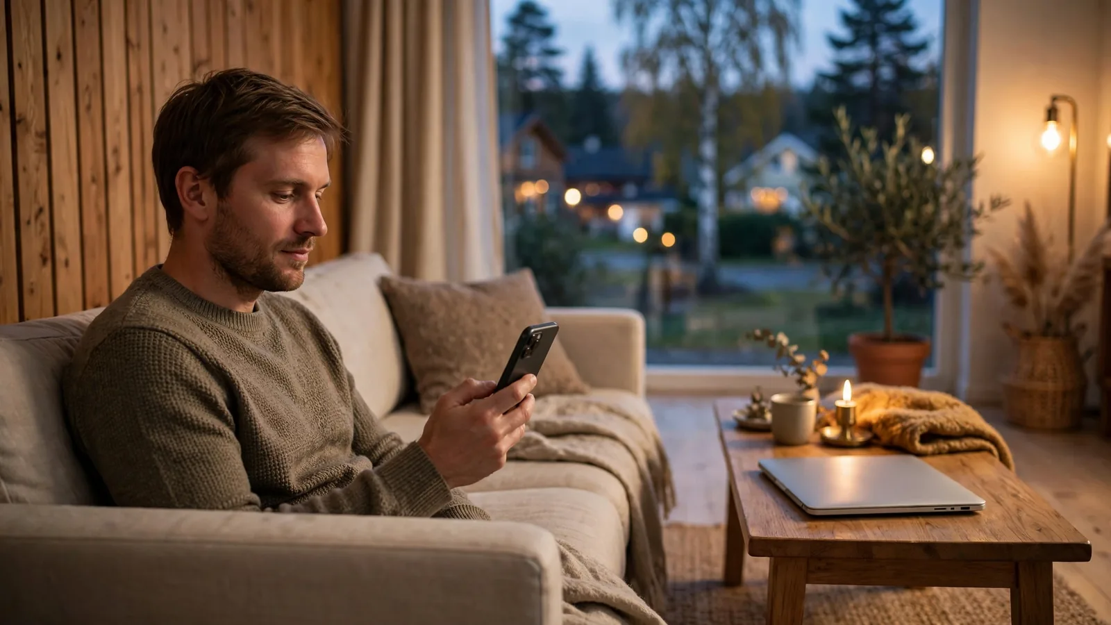Svensk man med smartphone hemma i modern vardagsrum