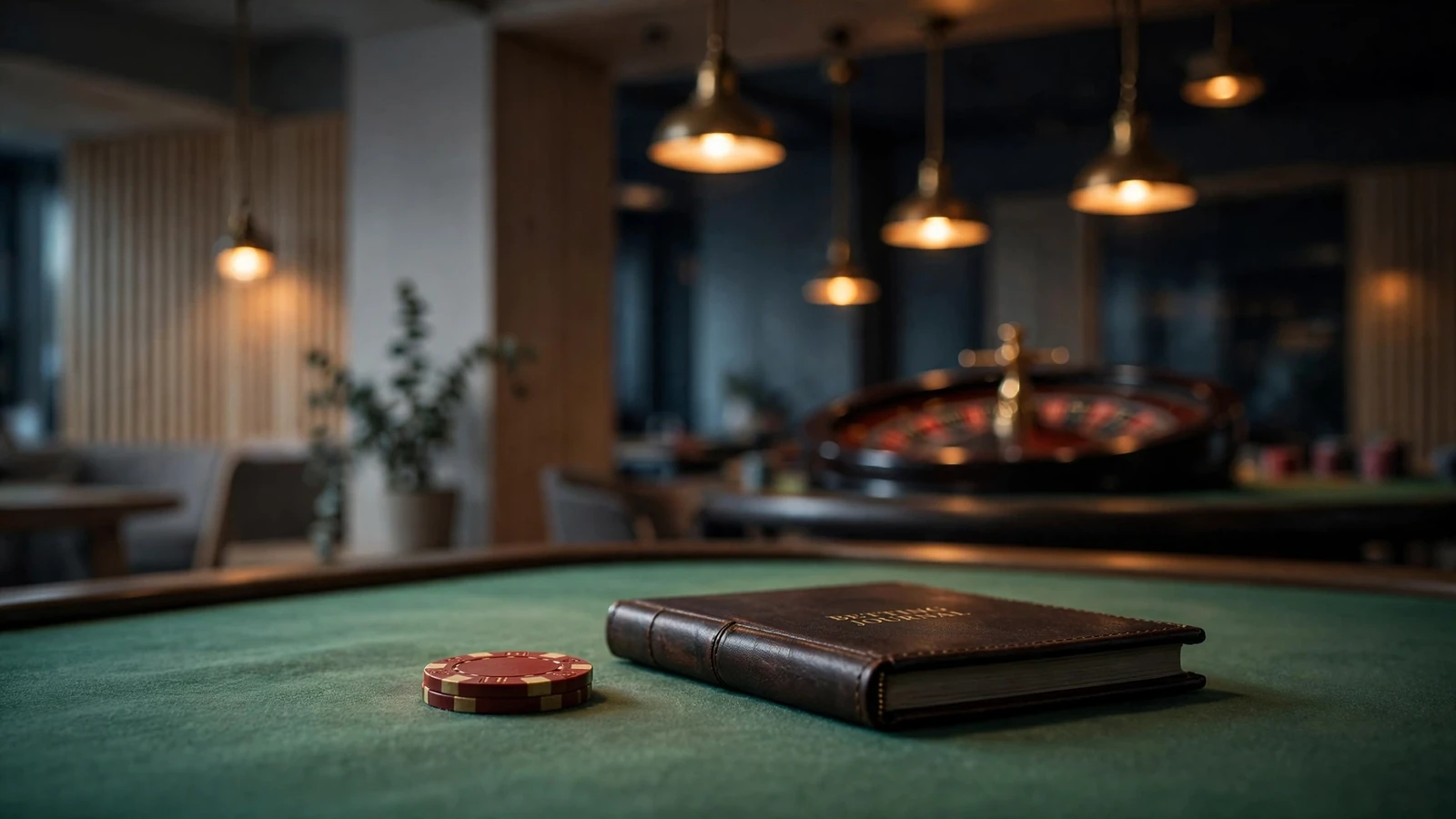 Röd casinoschipa på filtbord i dämpat svenskt casinoklimat