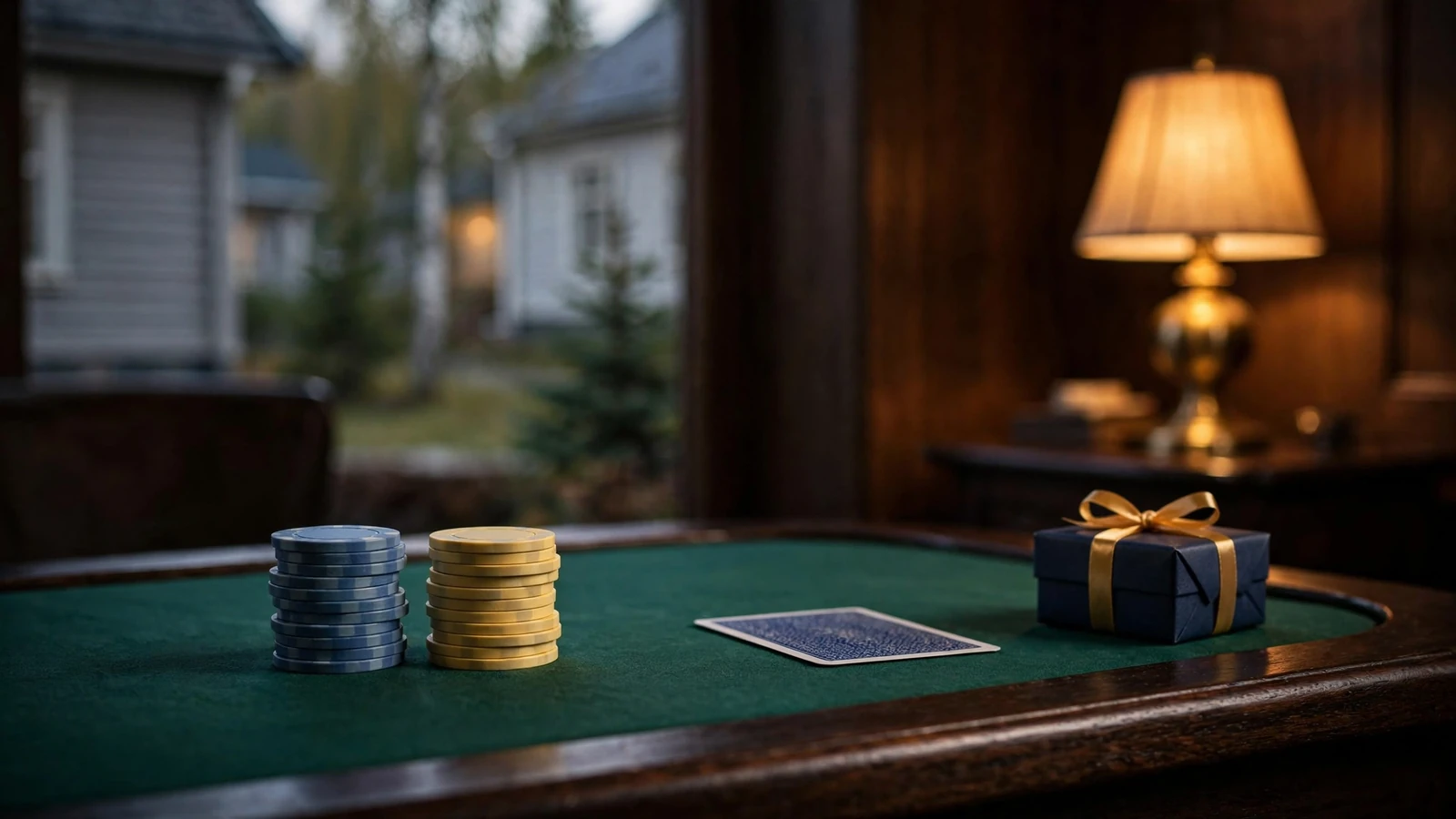 Bordsscen i casinostil med marker, spelkort och en liten gåva som symboliserar kampanjbonus