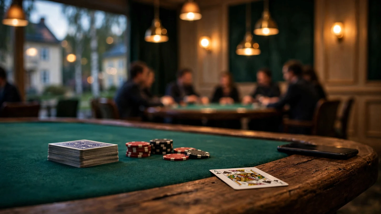 Elegant casinobord med kortlek, marker och varma lampor i bakgrunden
