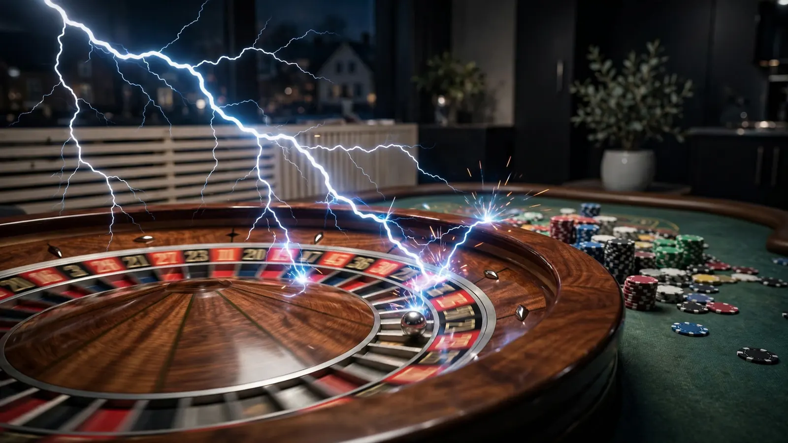 Roulettehjul med blixtar och casinomarker på ett elegant svenskt kasinobord
