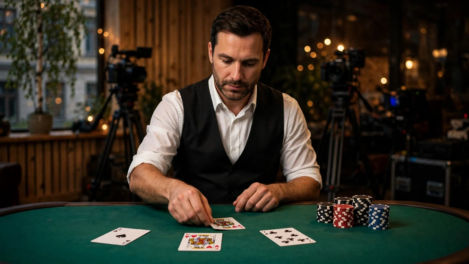 Live blackjack-dealer i studio som delar ut kort vid ett grönt bord