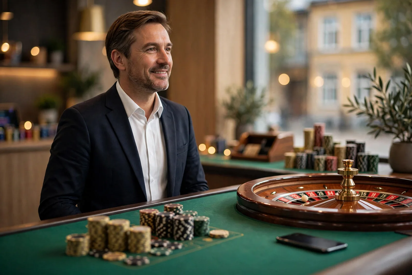 Live casinodealer i modern studio bakom roulettebord med marker