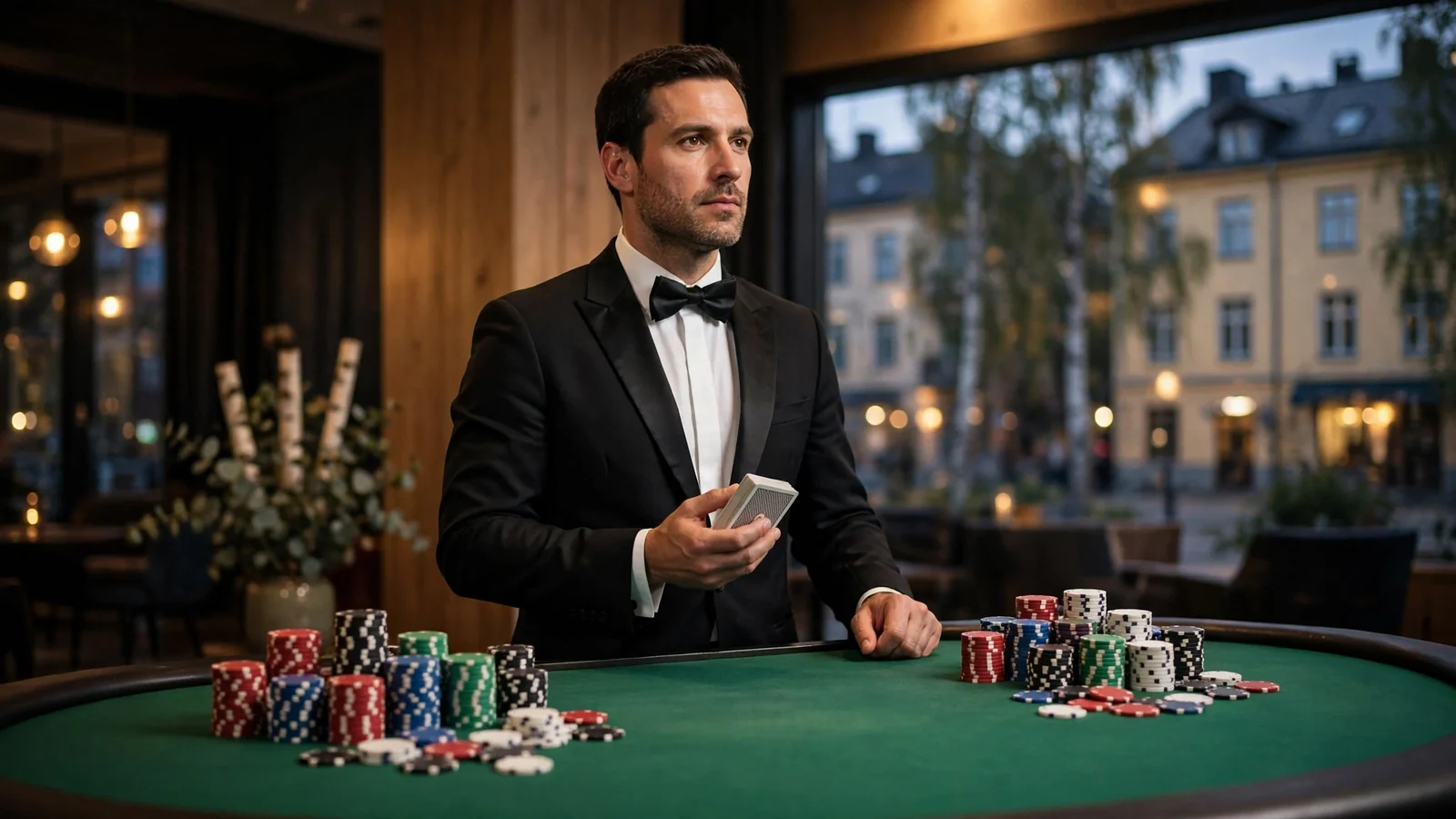 Professionell live dealer vid blackjackbord med färgglada casinomarker