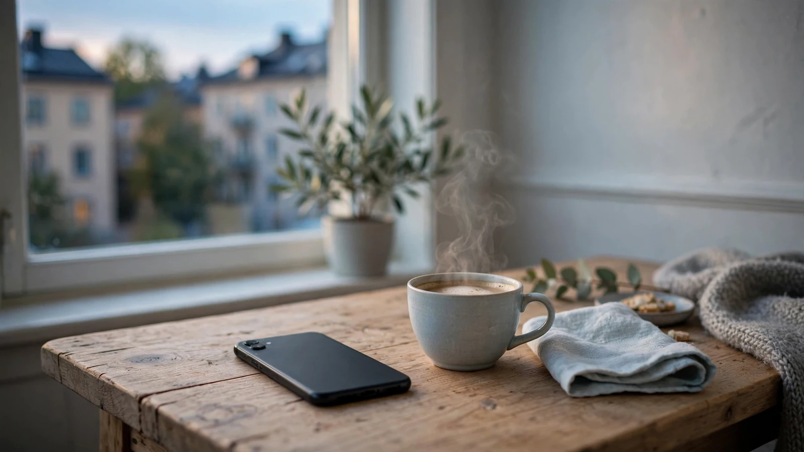 Smartphone med ansiktet nedåt på ett träbord i ett ljust skandinaviskt vardagsrum.