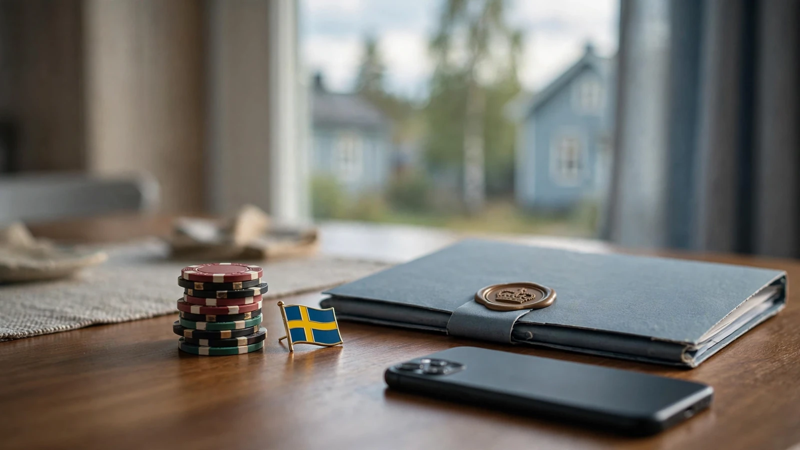 Svenskt casinotillstånd med marker och dokument på bord
