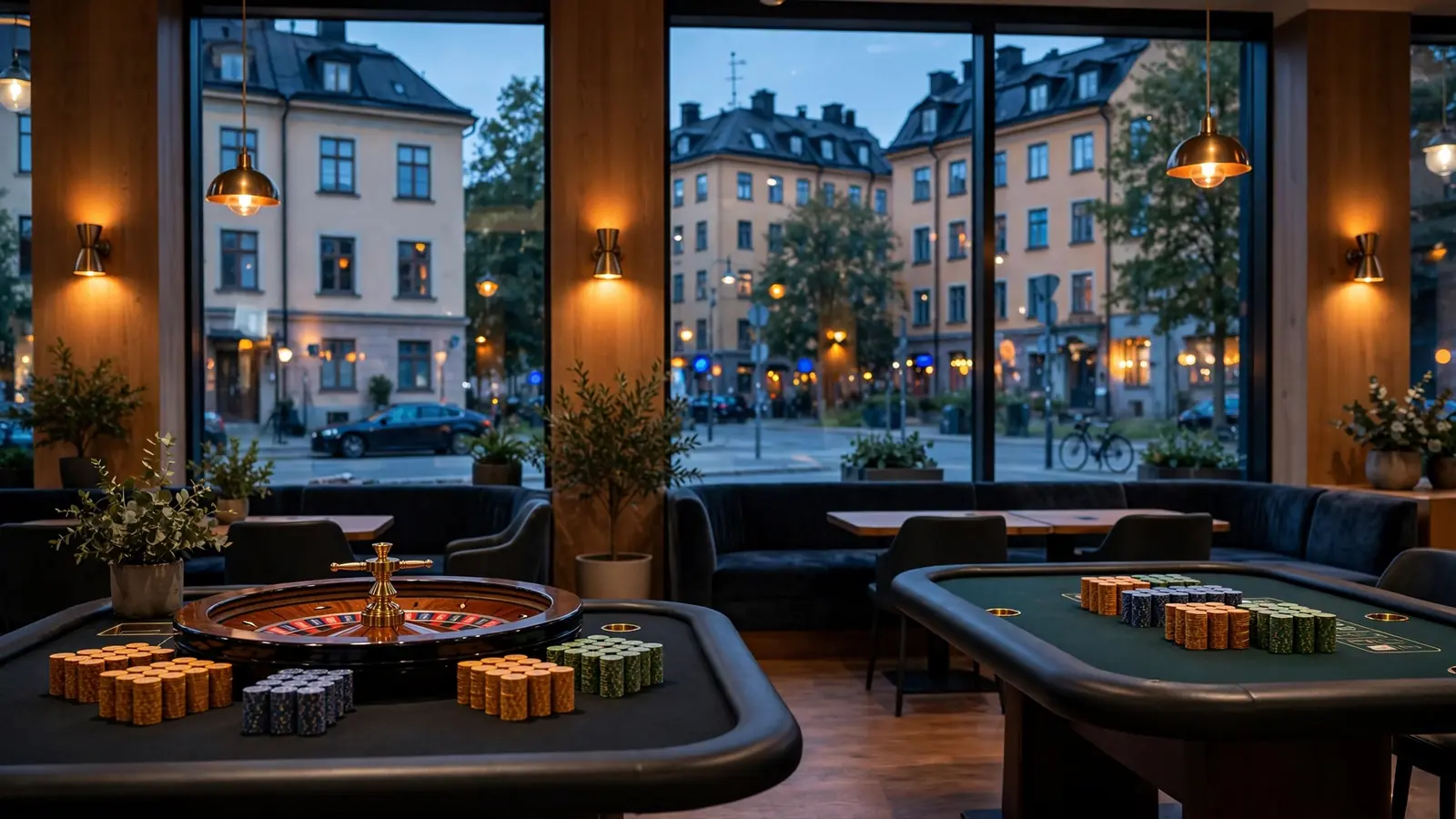 Tom nyöppnad kasinolokal i Stockholm med varma ljus och roulettebord