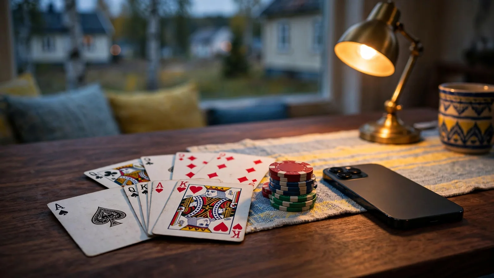 Spelkort och casinomarker på ett mörkt träbord bredvid en telefon med varm belysning
